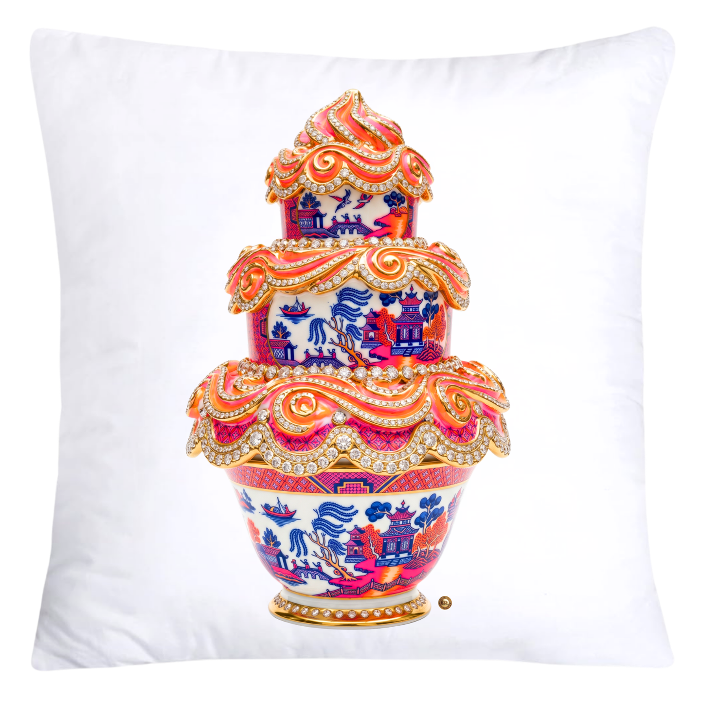 Blue, Hot Pink and Orange Willow Chinoiserie Cupcake Throw Pillow Covers-5801