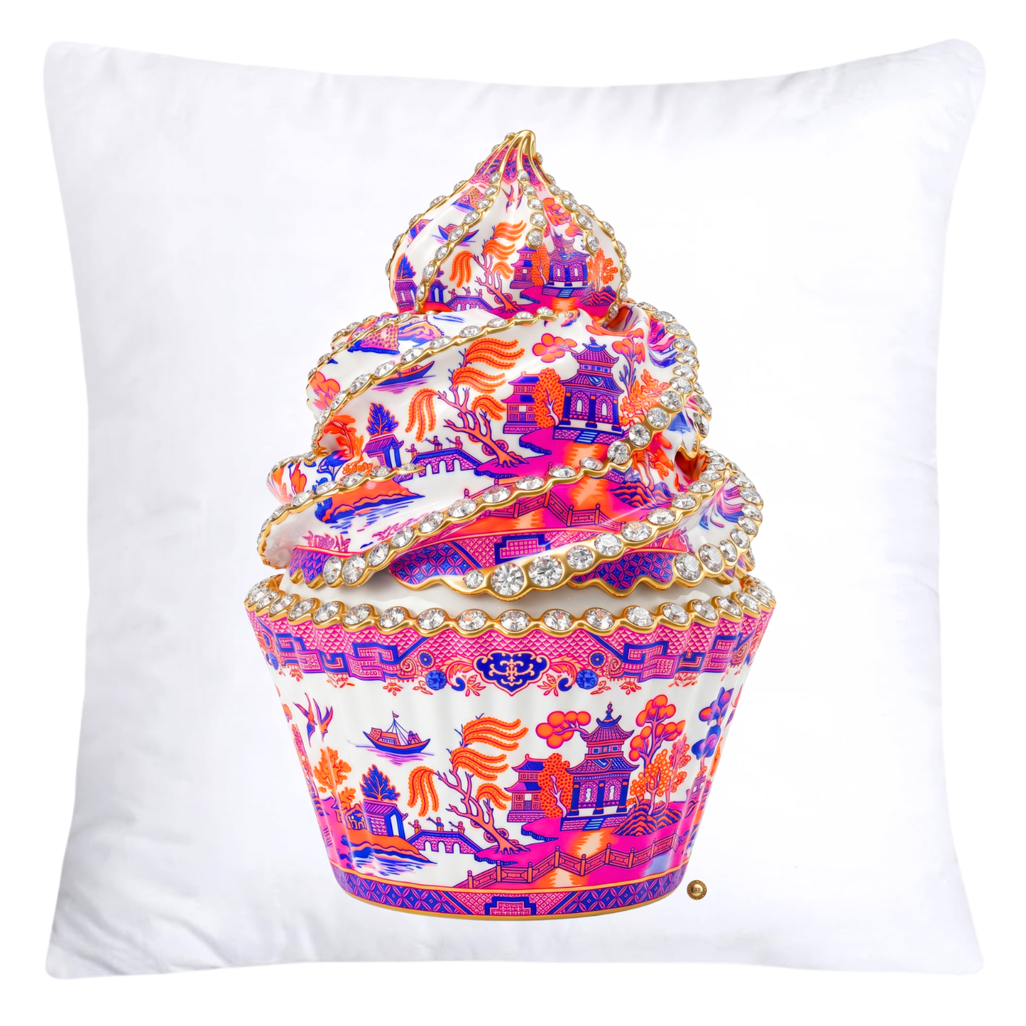 Blue, Hot Pink and Orange Willow Chinoiserie Cupcake Throw Pillow Covers-5798
