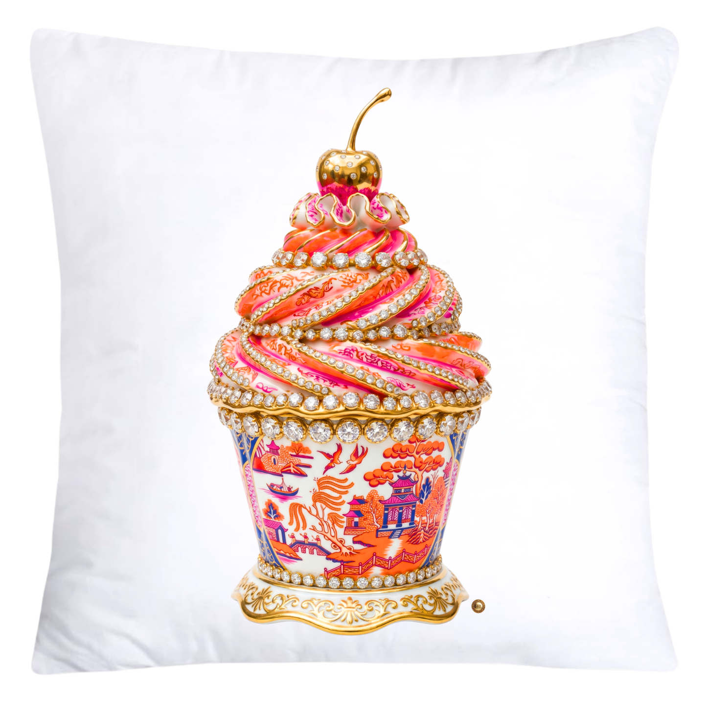 Blue, Hot Pink and Orange Willow Chinoiserie Cupcake Throw Pillow Covers-5800