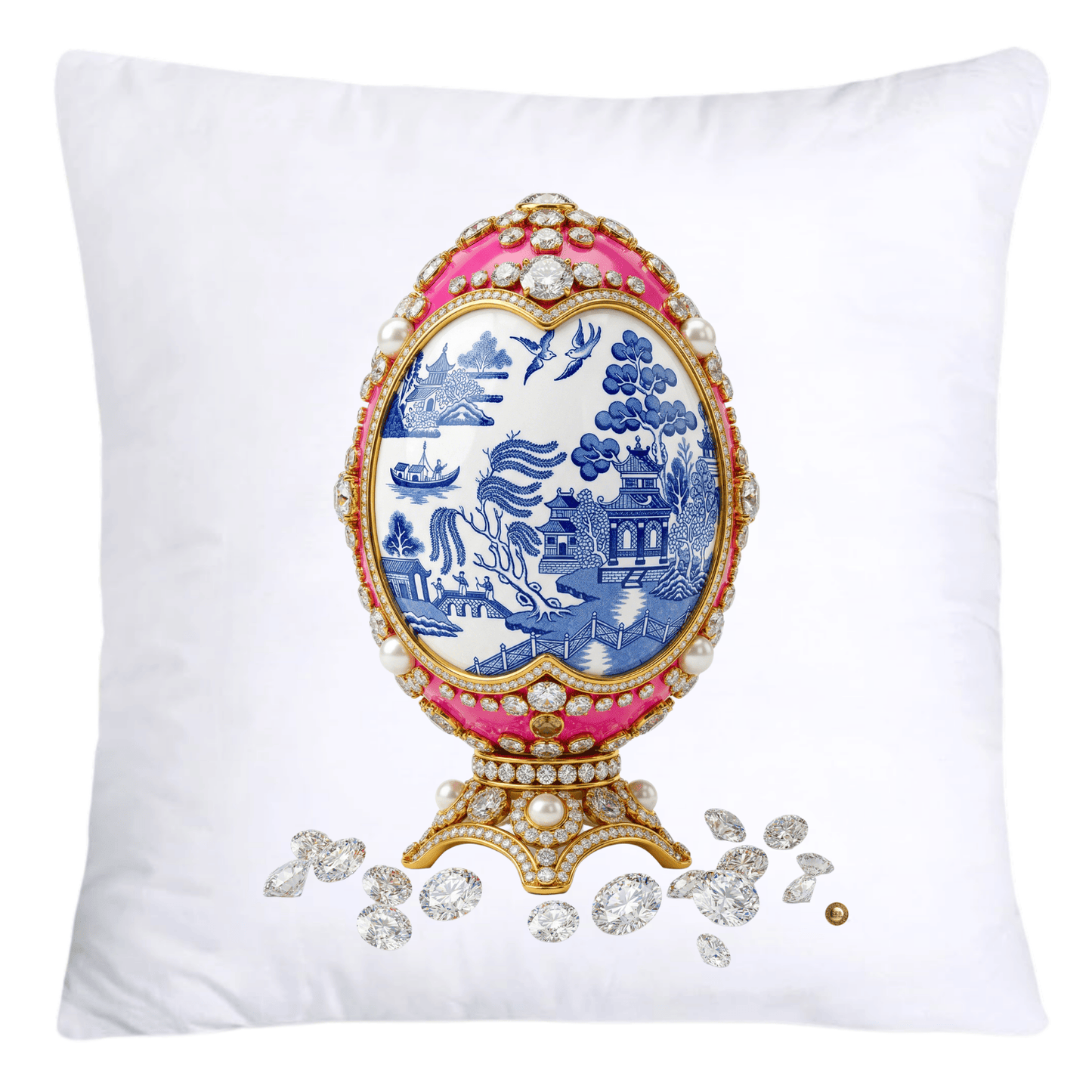 Blue and Pink Willow 18x18 Chinoiserie Egg Pillow Covers-4393
