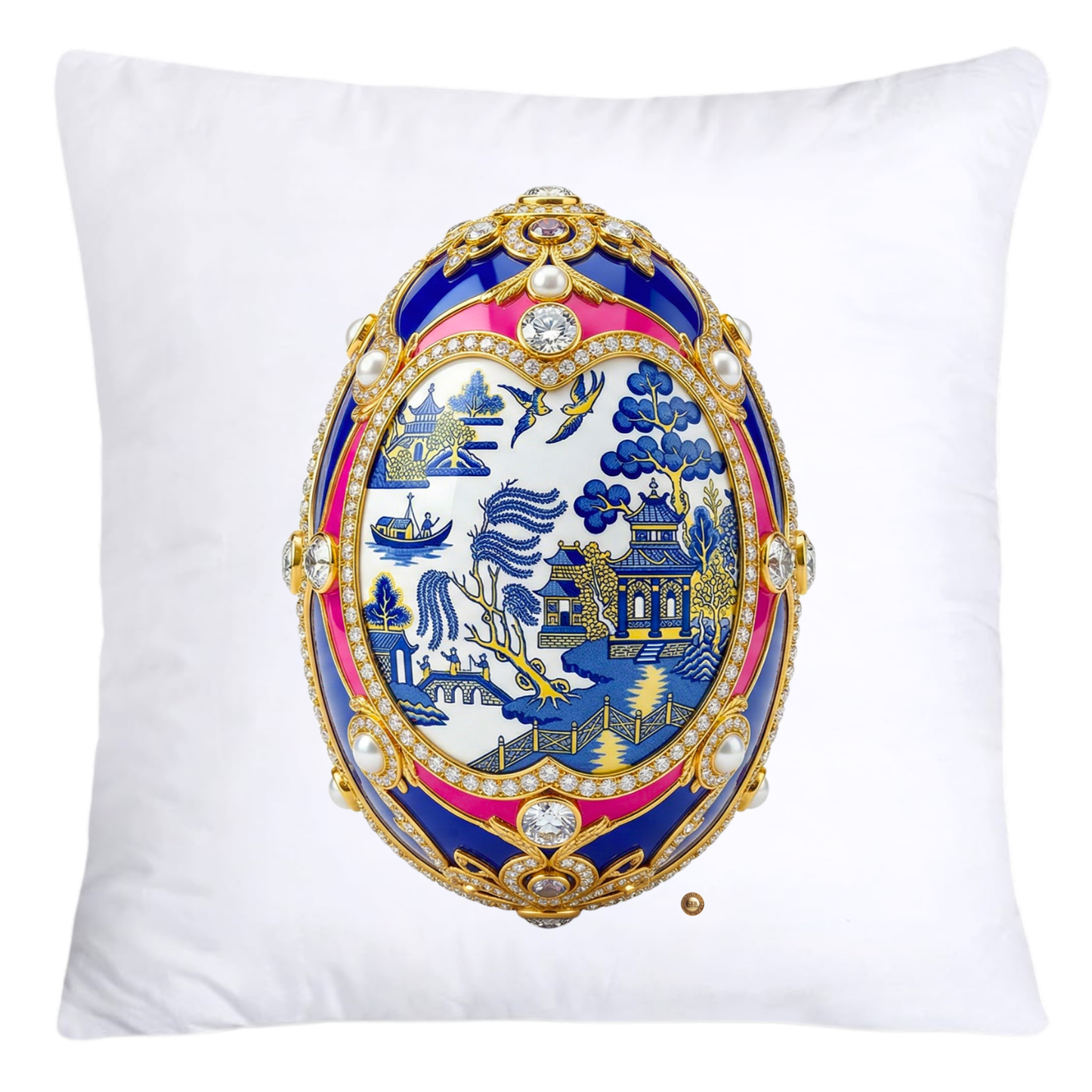 Blue and Pink Willow 18x18 Chinoiserie Egg Pillow Covers-4391
