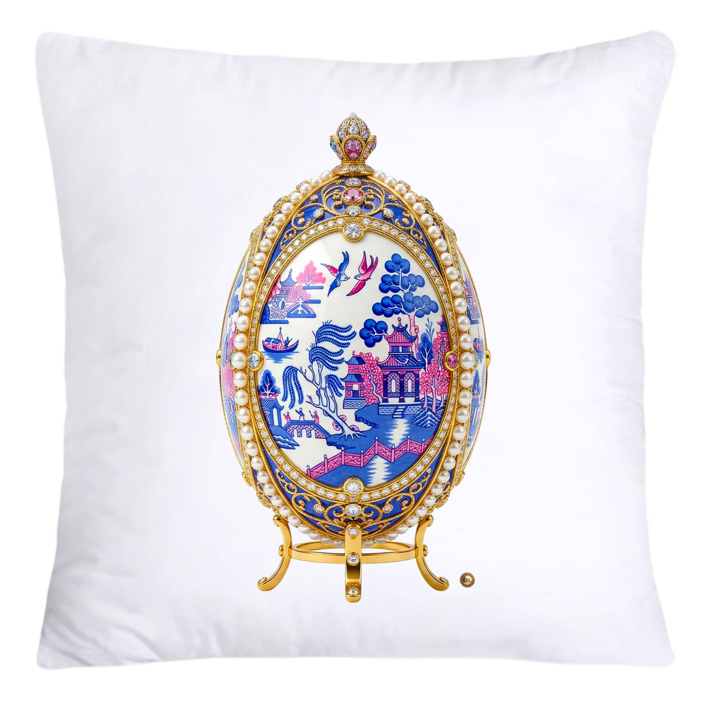 Blue and Pink Willow 18x18 Chinoiserie Egg Pillow Covers-4392