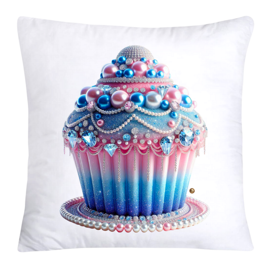 Decorative pillow with a cupcake design featuring pearls and crystals on a white background
