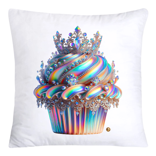 Decorative pillow with a colorful cupcake design featuring a tiara on a white background