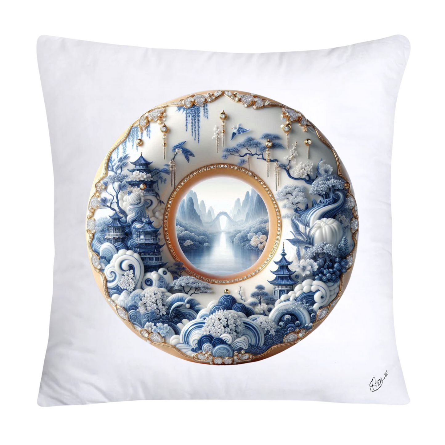 18x18 Blue Willow Whimsical Donut Throw Pillow Covers-1248