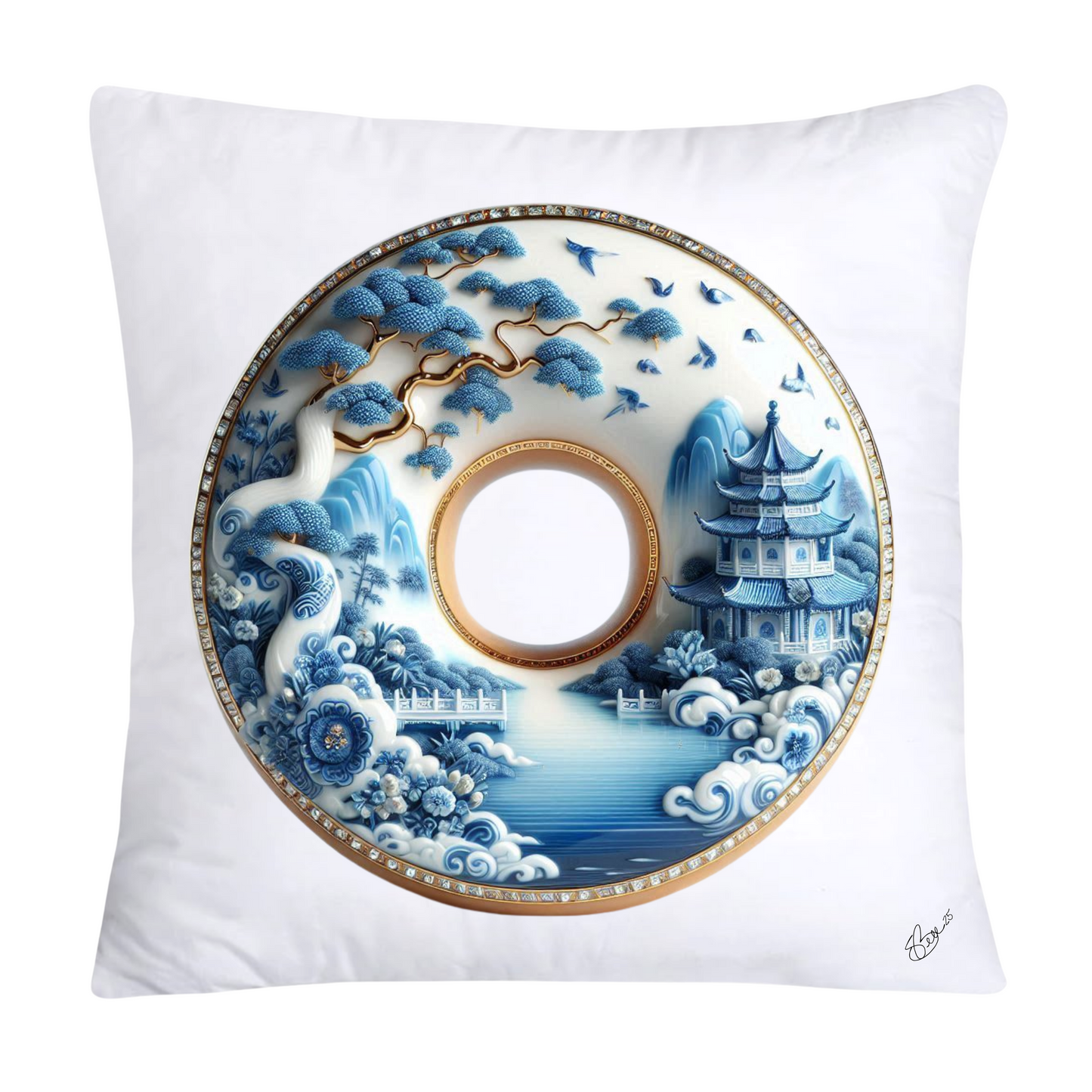 Whimsical Blue Willow Donut Throw Pillow Covers 18x18-1357