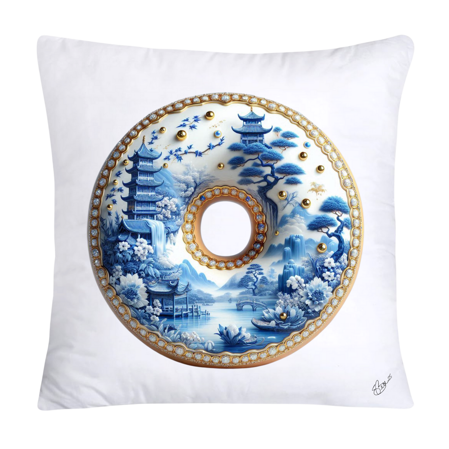 18x18 Blue Willow Whimsical Donut Throw Pillow Covers-1234