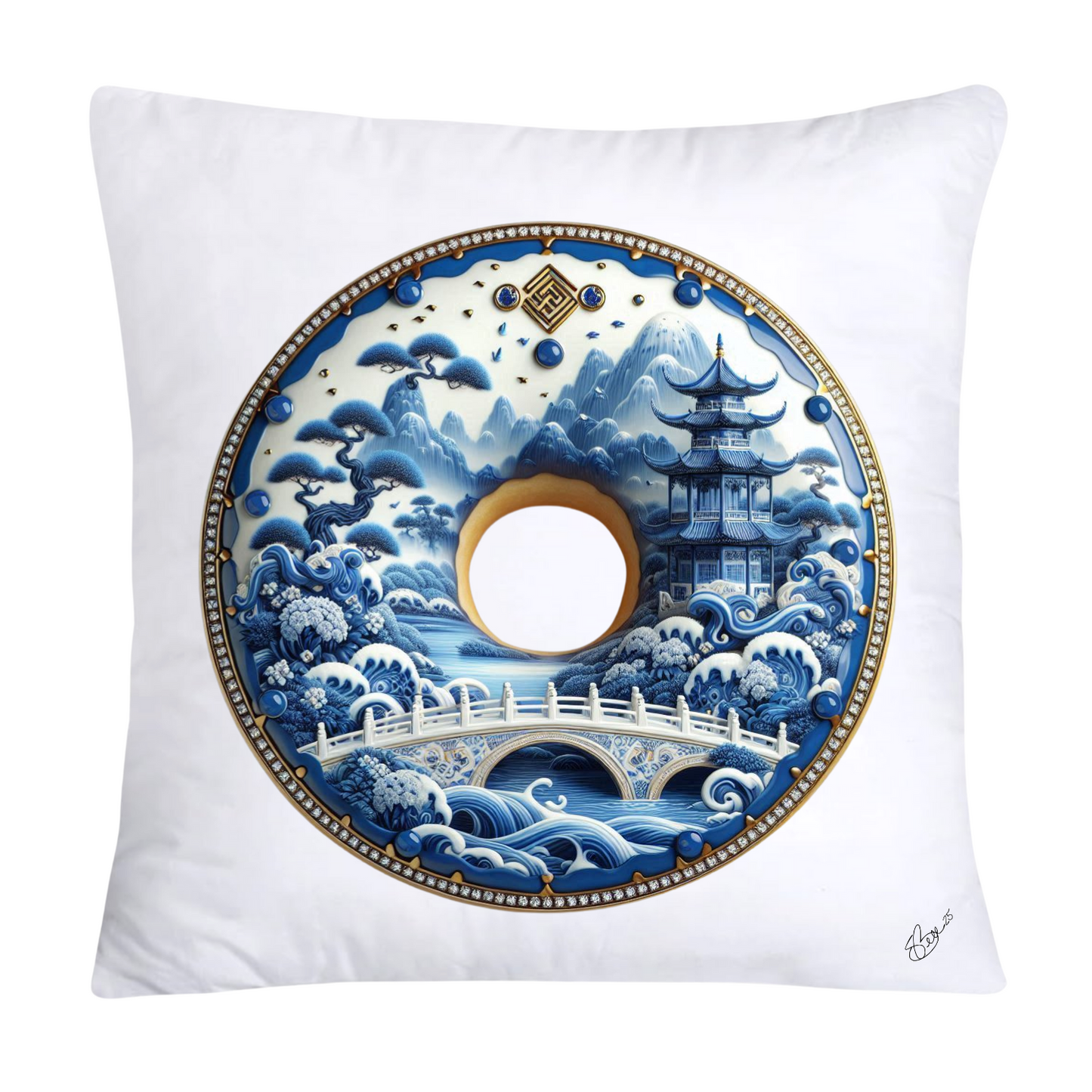 Whimsical Blue Willow Donut Throw Pillow Covers 18x18-1290