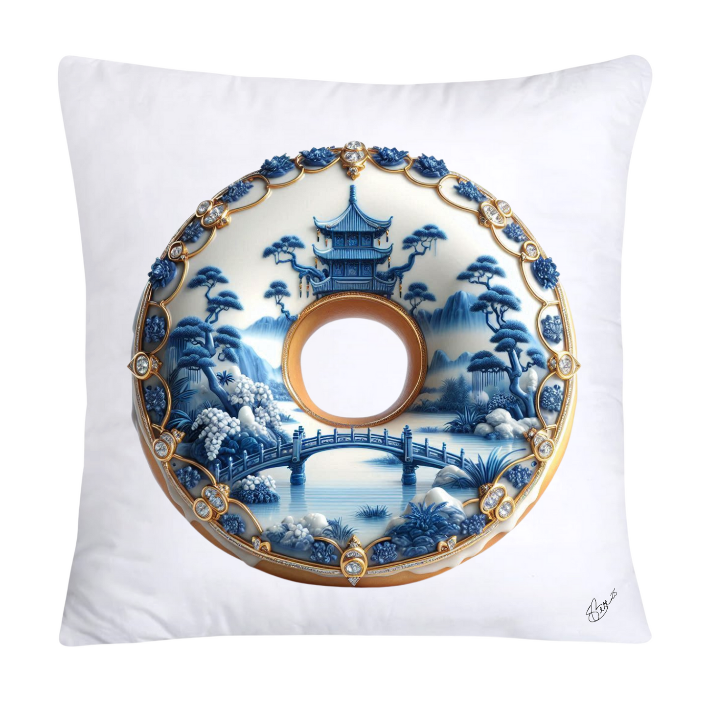 Whimsical Blue Willow Donut Throw Pillow Covers 18x18-1302