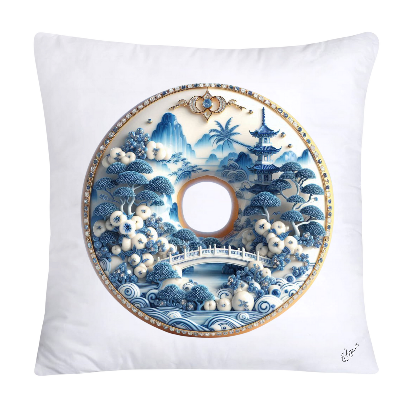 18x18 Blue Willow Whimsical Donut Throw Pillow Covers-1224