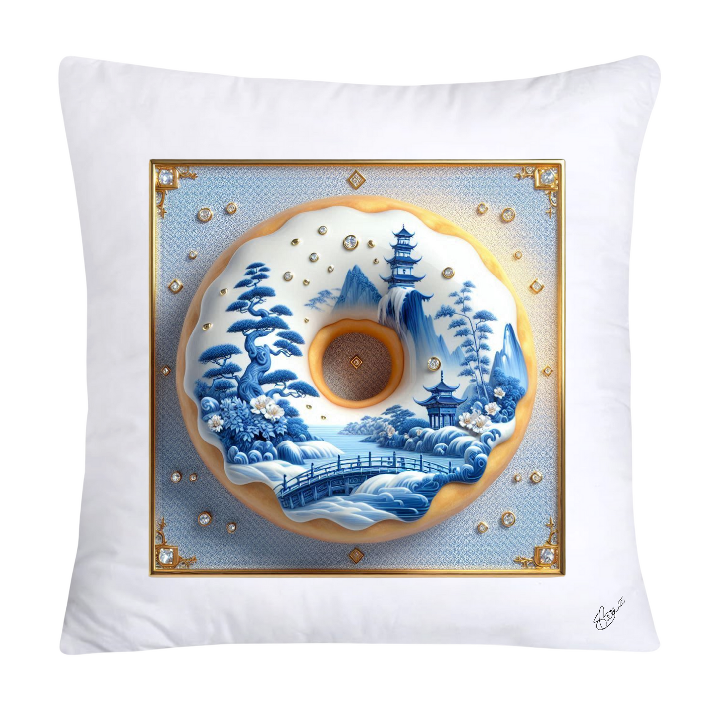 Whimsical Blue Willow Donut Throw Pillow Covers 18x18-1342