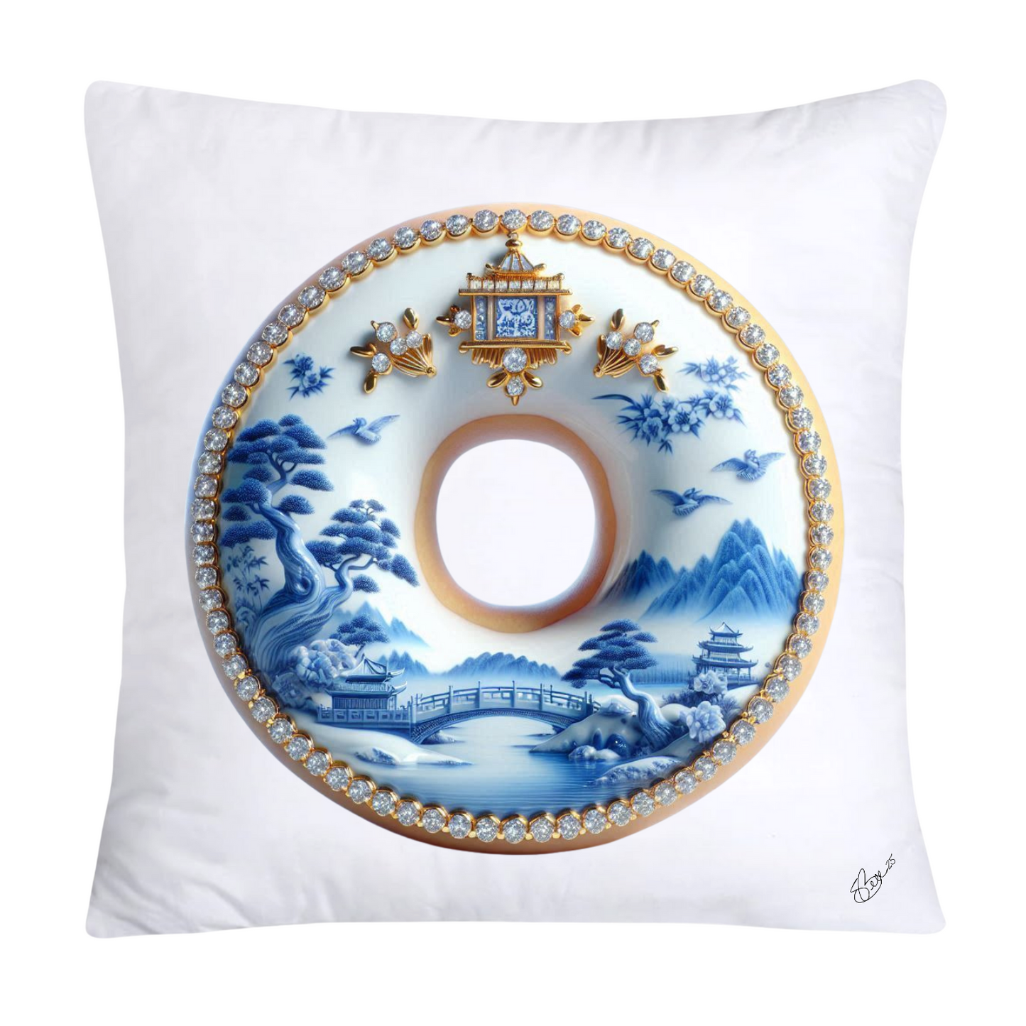 Whimsical Blue Willow Donut Throw Pillow Covers 18x18-1340