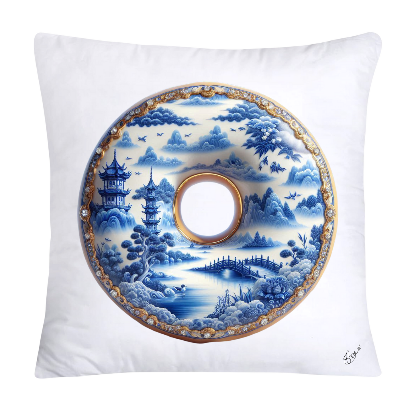 Whimsical Blue Willow Donut Throw Pillow Covers 18x18-1284