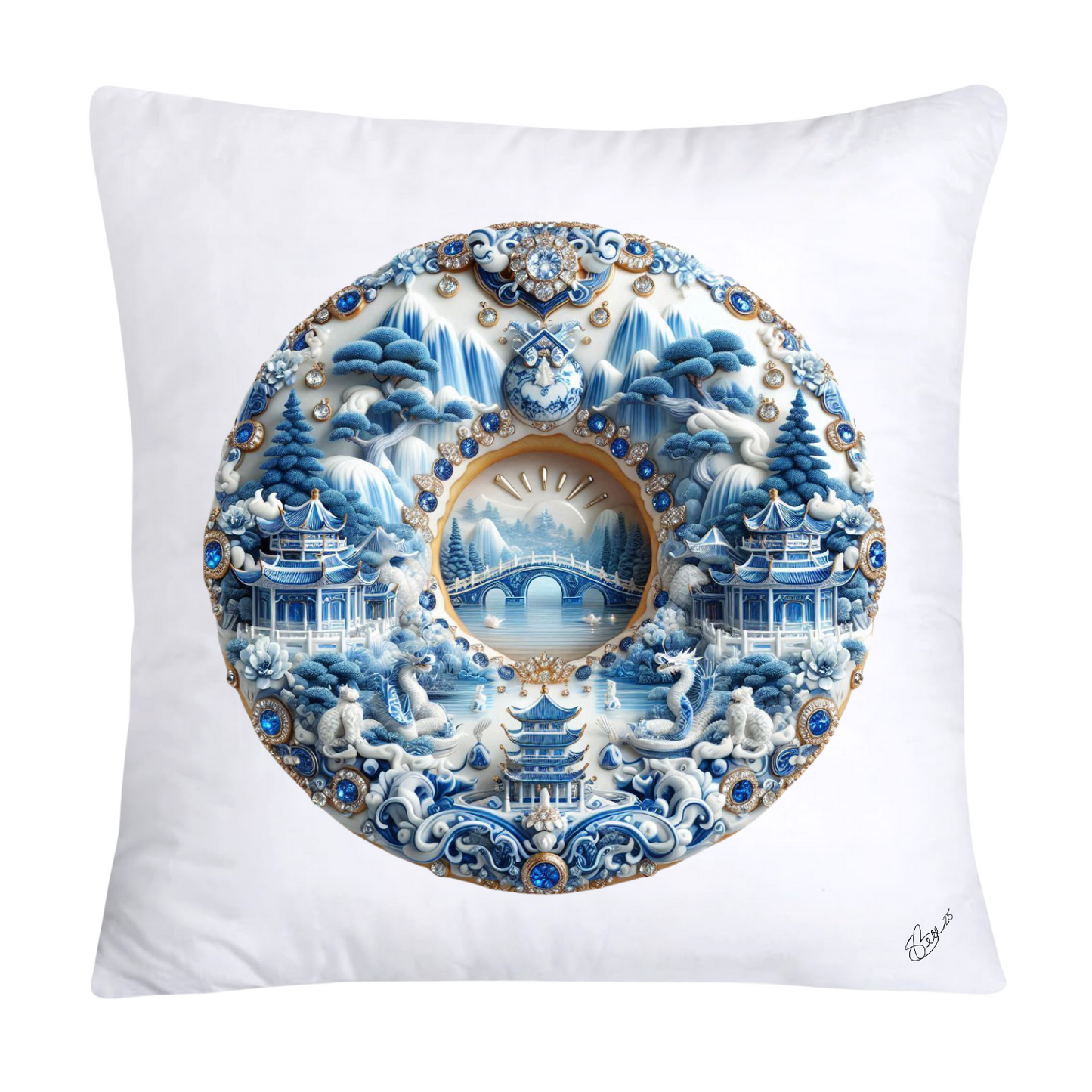 Whimsical Blue Willow Donut Throw Pillow Covers 18x18-1259