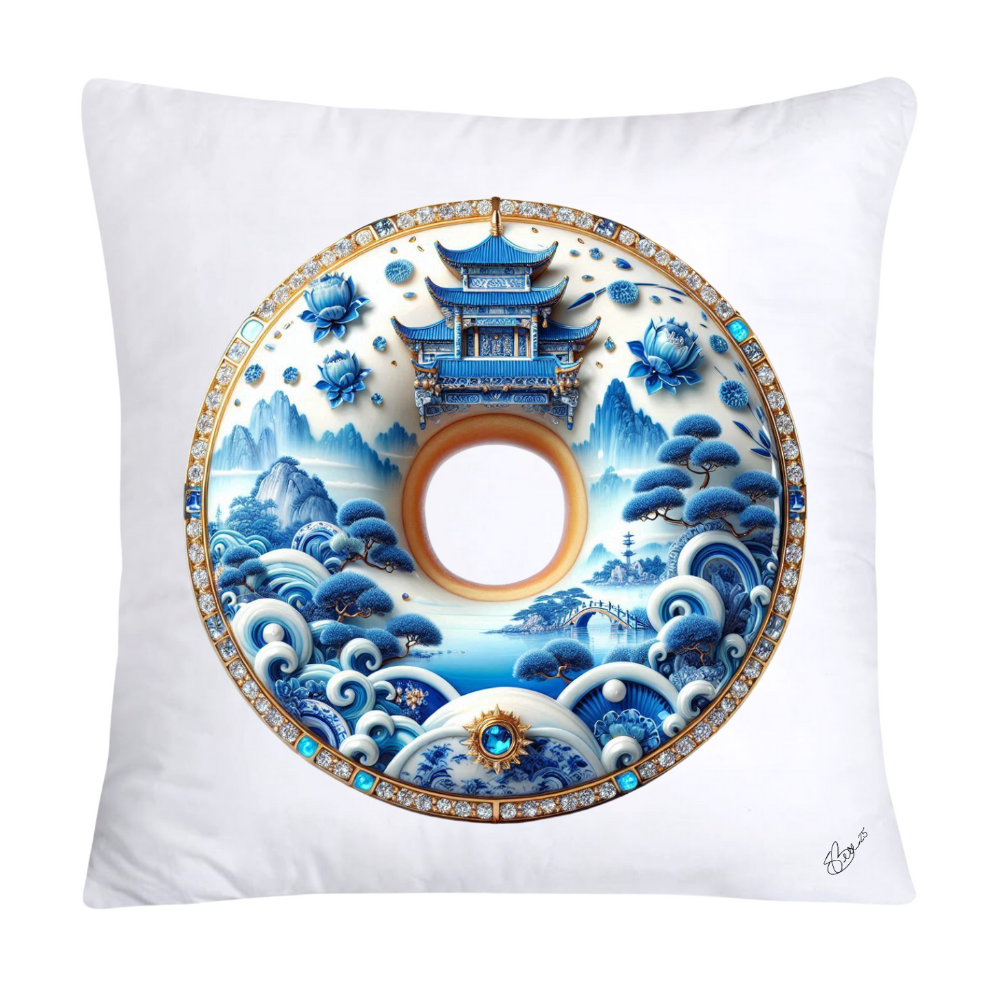 Whimsical Blue Willow Donut Throw Pillow Covers 18x18-1343