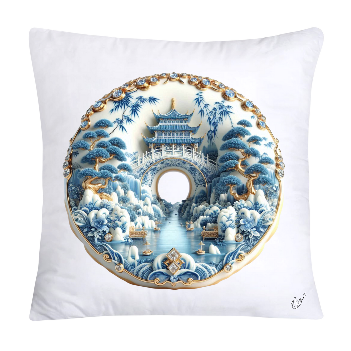 Whimsical Blue Willow Donut Throw Pillow Covers 18x18-1314