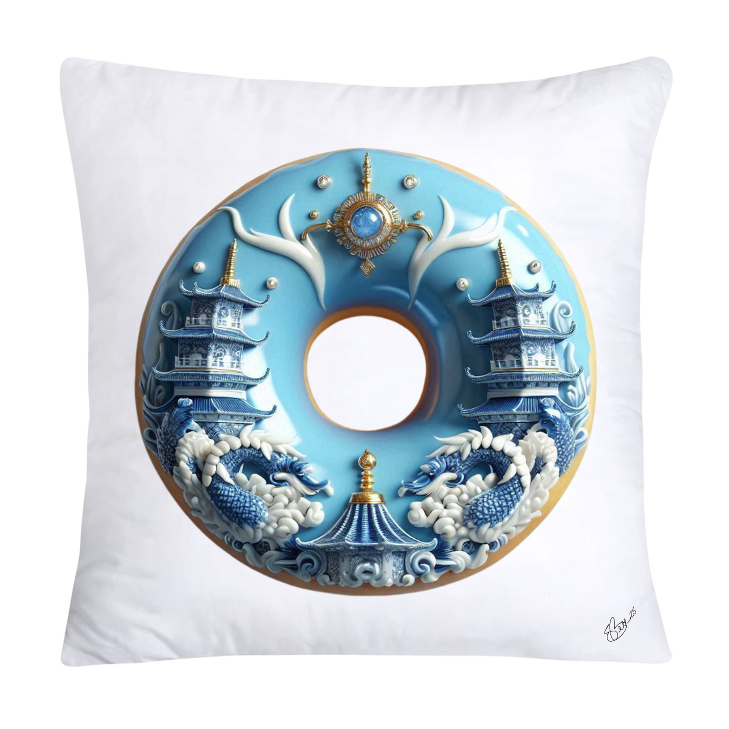 Whimsical Blue Willow Donut Throw Pillow Covers 18x18-1300