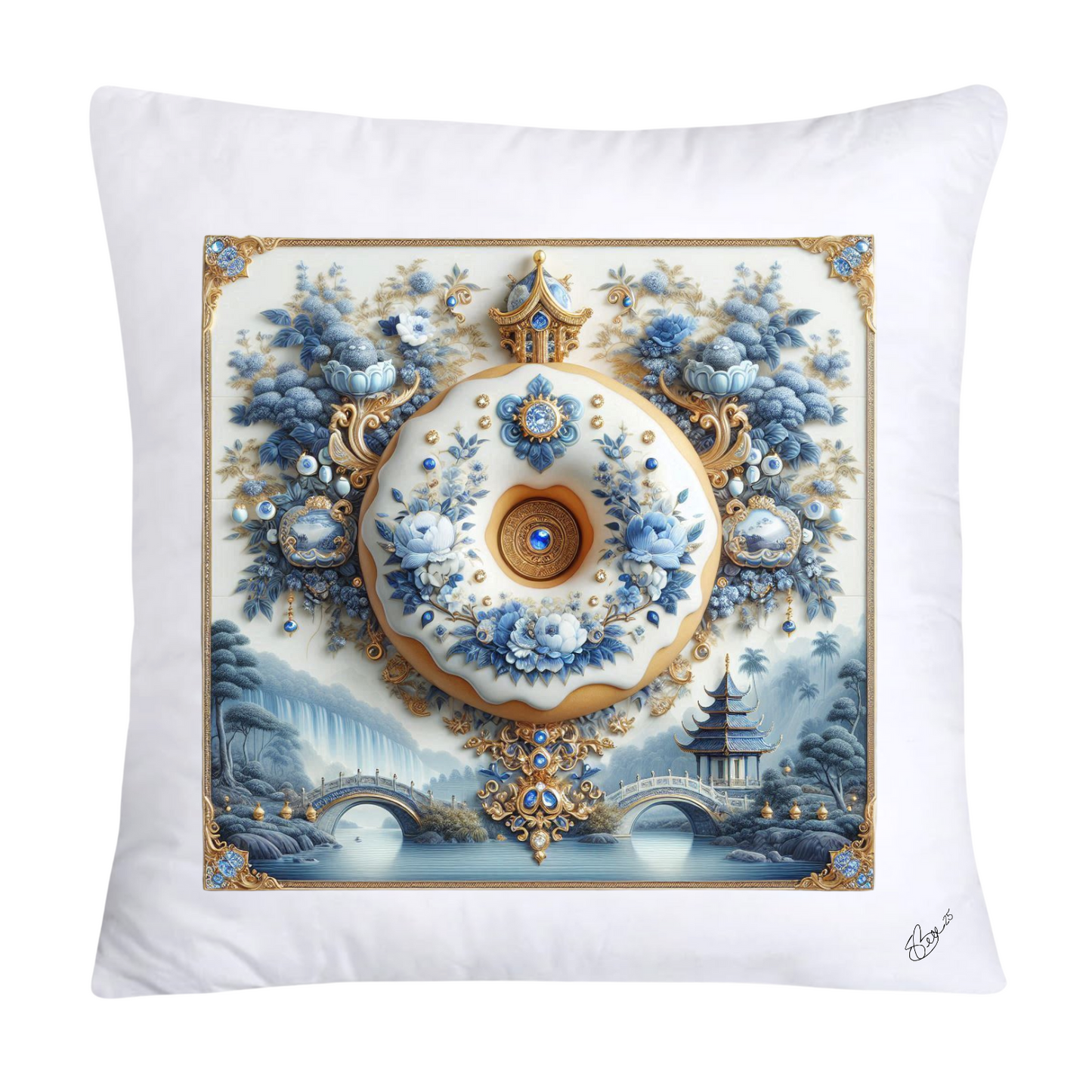 18x18 Blue Willow Whimsical Donut Throw Pillow Covers-1249