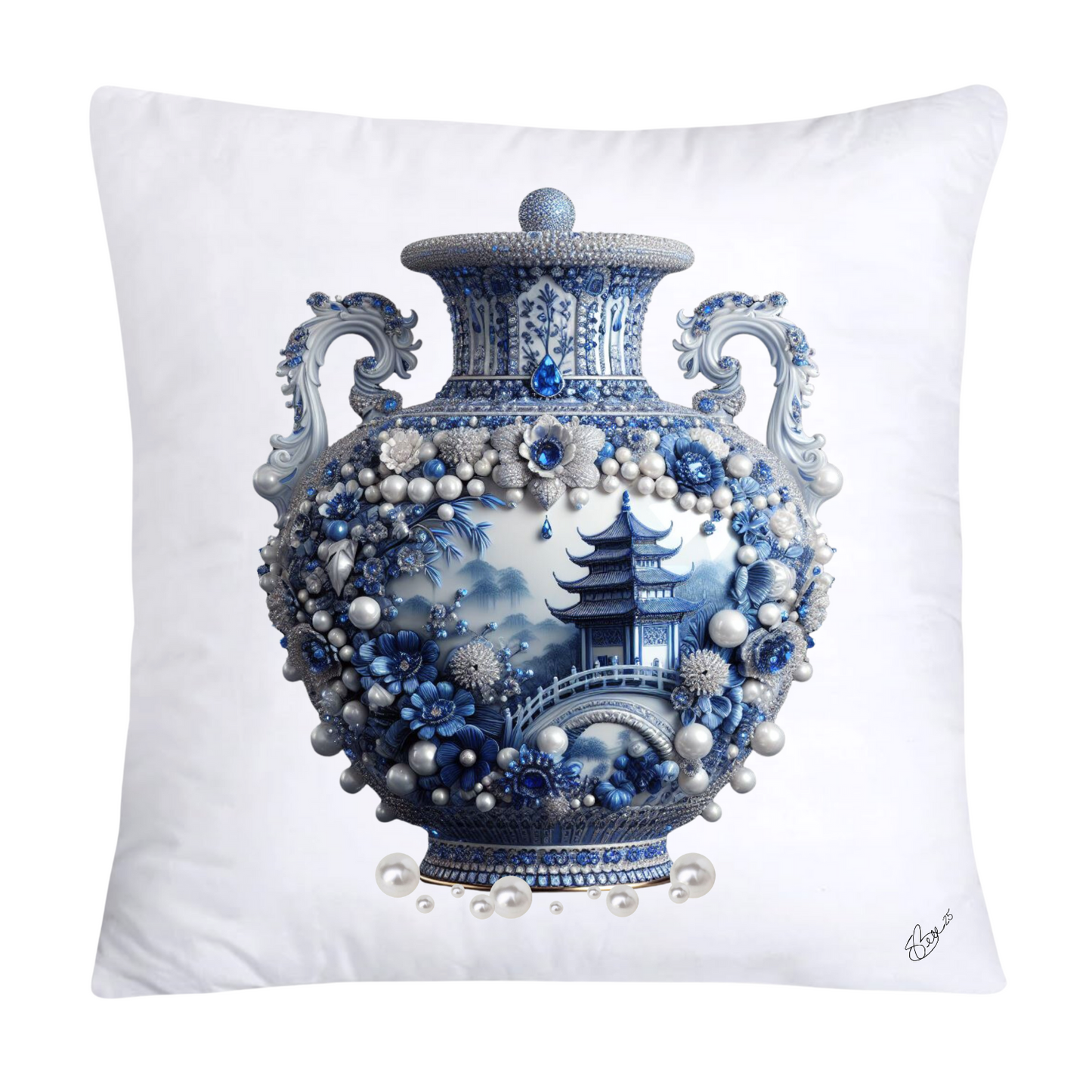Blue Willow Chinoiserie Elegant Vase 18x18 Pillow Covers-2475