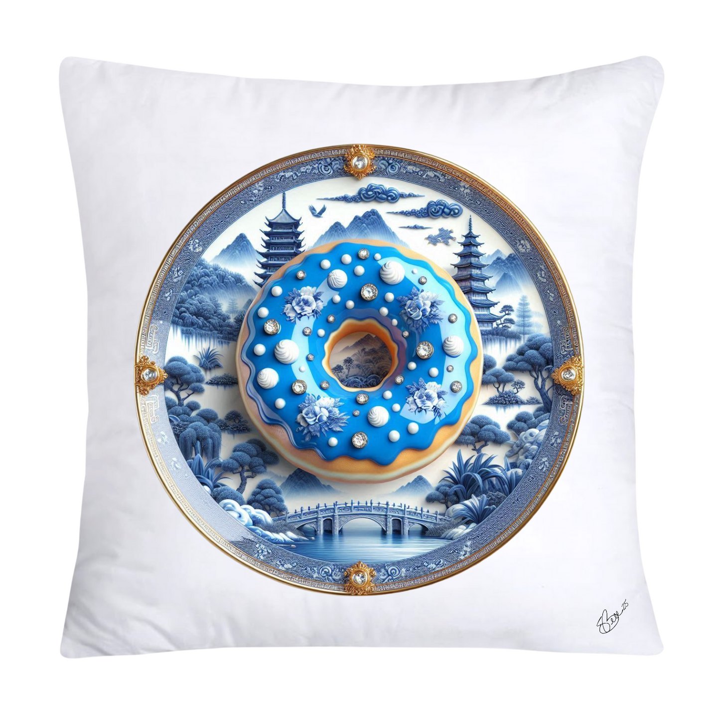 Whimsical Blue Willow Donut Throw Pillow Covers 18x18-1318