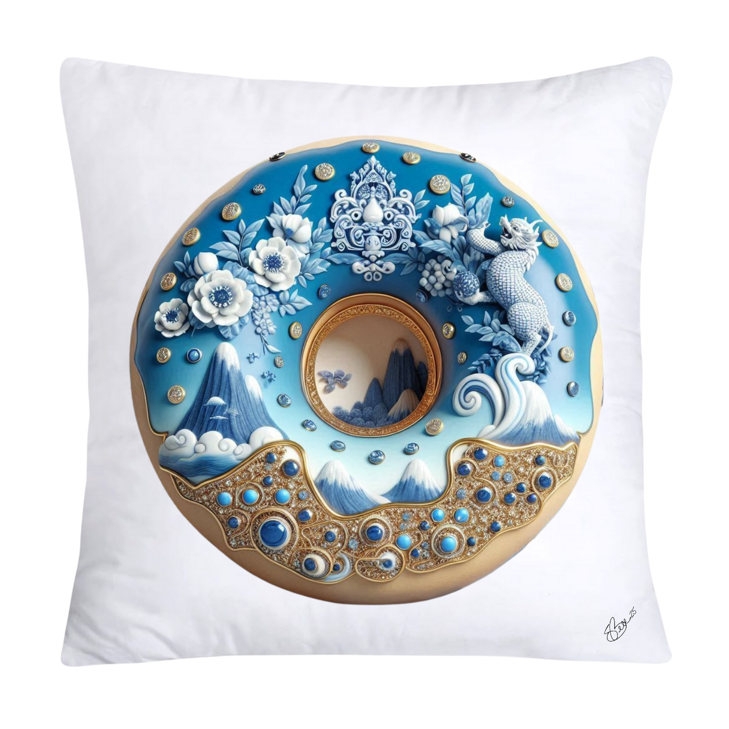 Whimsical Blue Willow Donut Throw Pillow Covers 18x18-1323