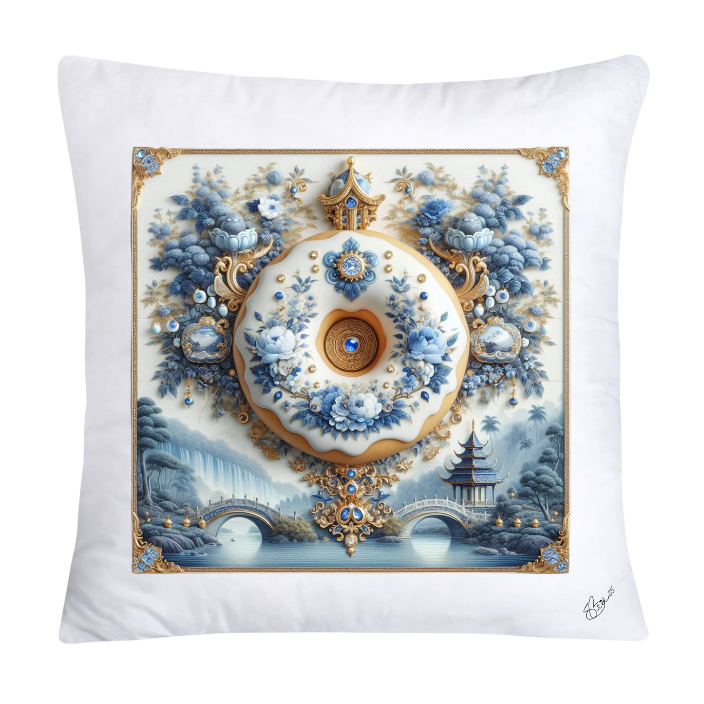 Whimsical Blue Willow Donut Throw Pillow Covers 18x18-1289