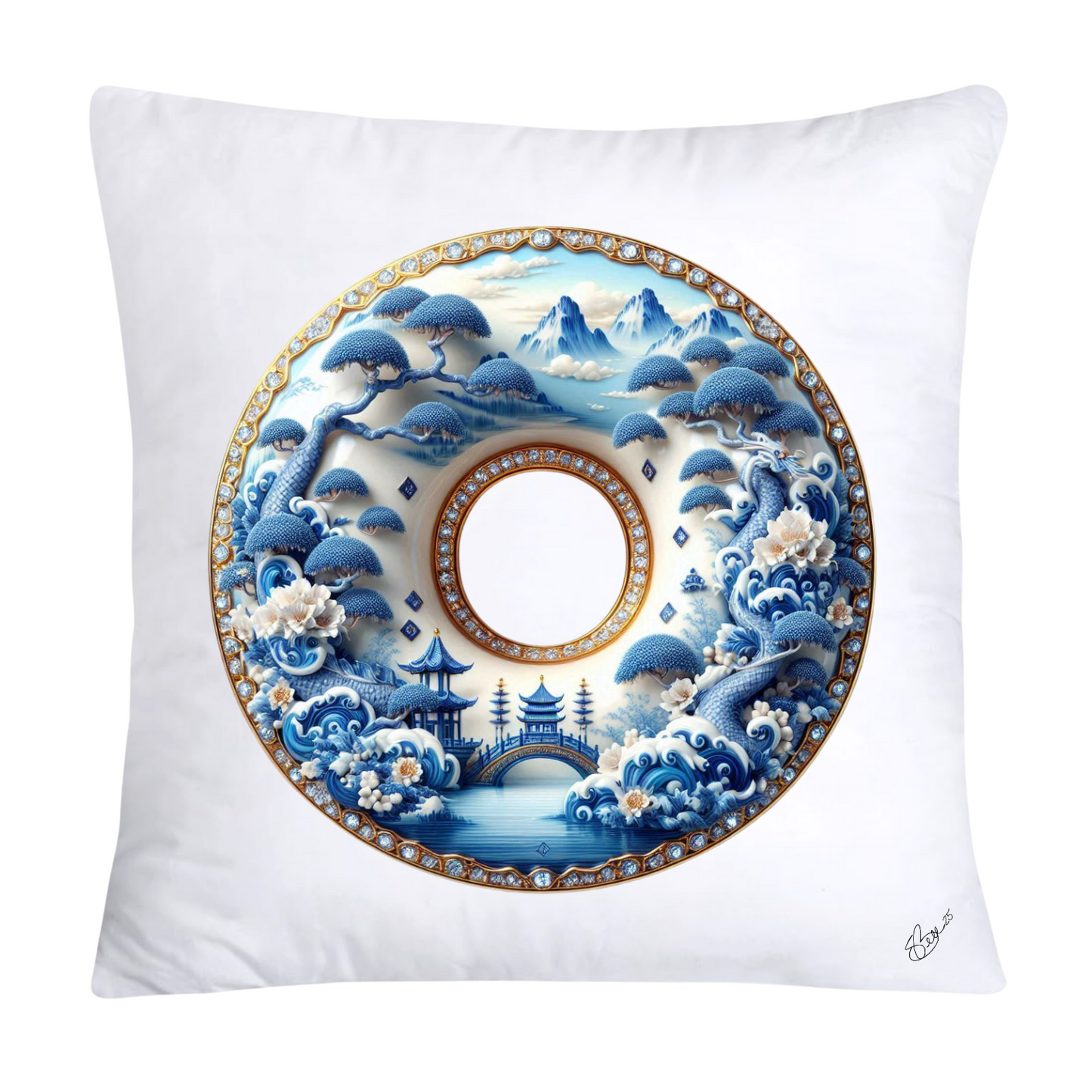 Whimsical Blue Willow Donut Throw Pillow Covers 18x18-1278