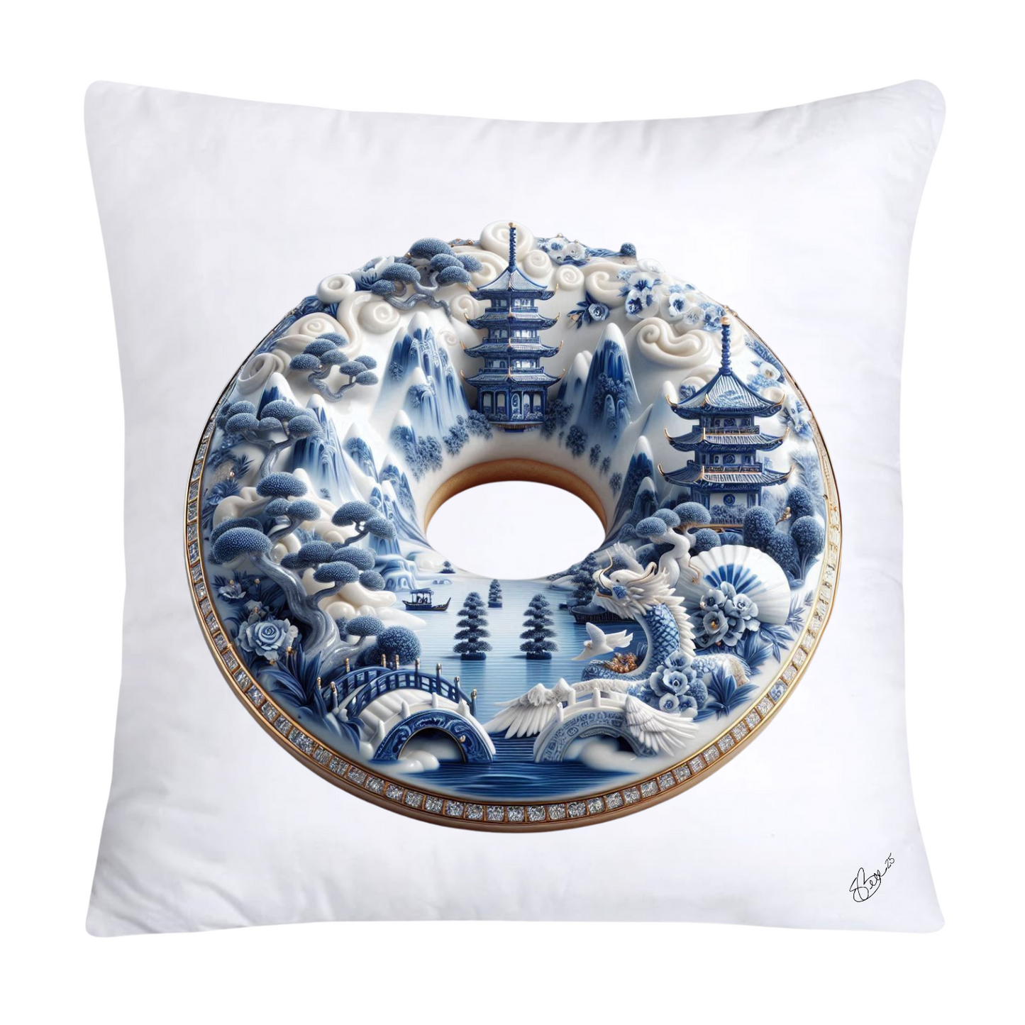 Whimsical Blue Willow Donut Throw Pillow Covers 18x18-1293