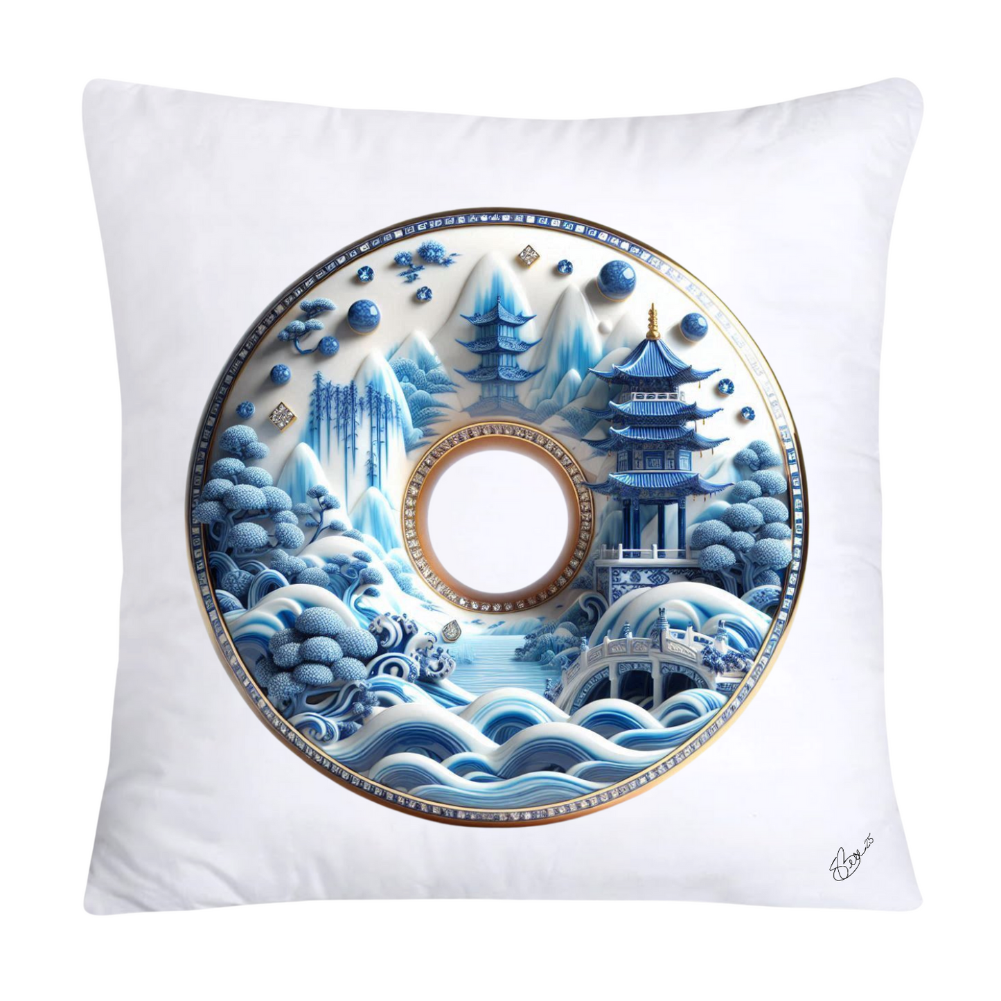 Whimsical Blue Willow Donut Throw Pillow Covers 18x18-1353