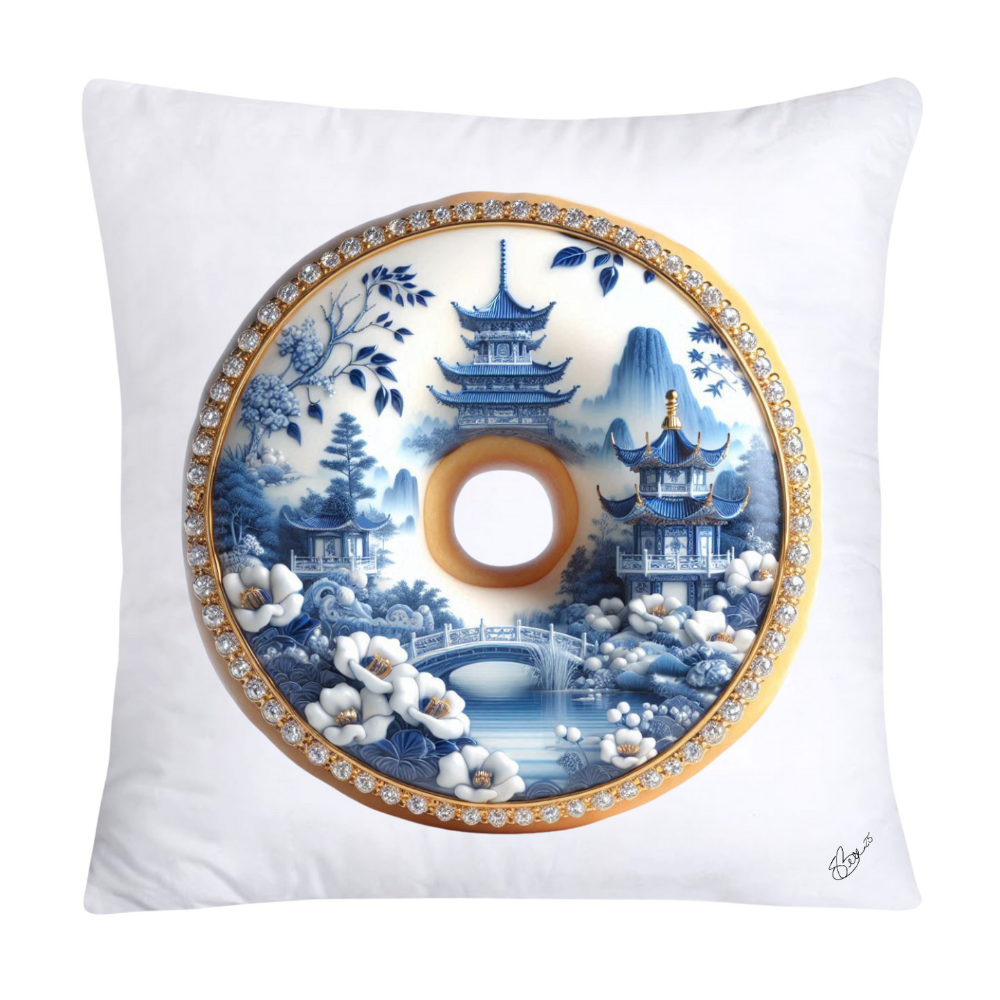 Whimsical Blue Willow Donut Throw Pillow Covers 18x18-1298