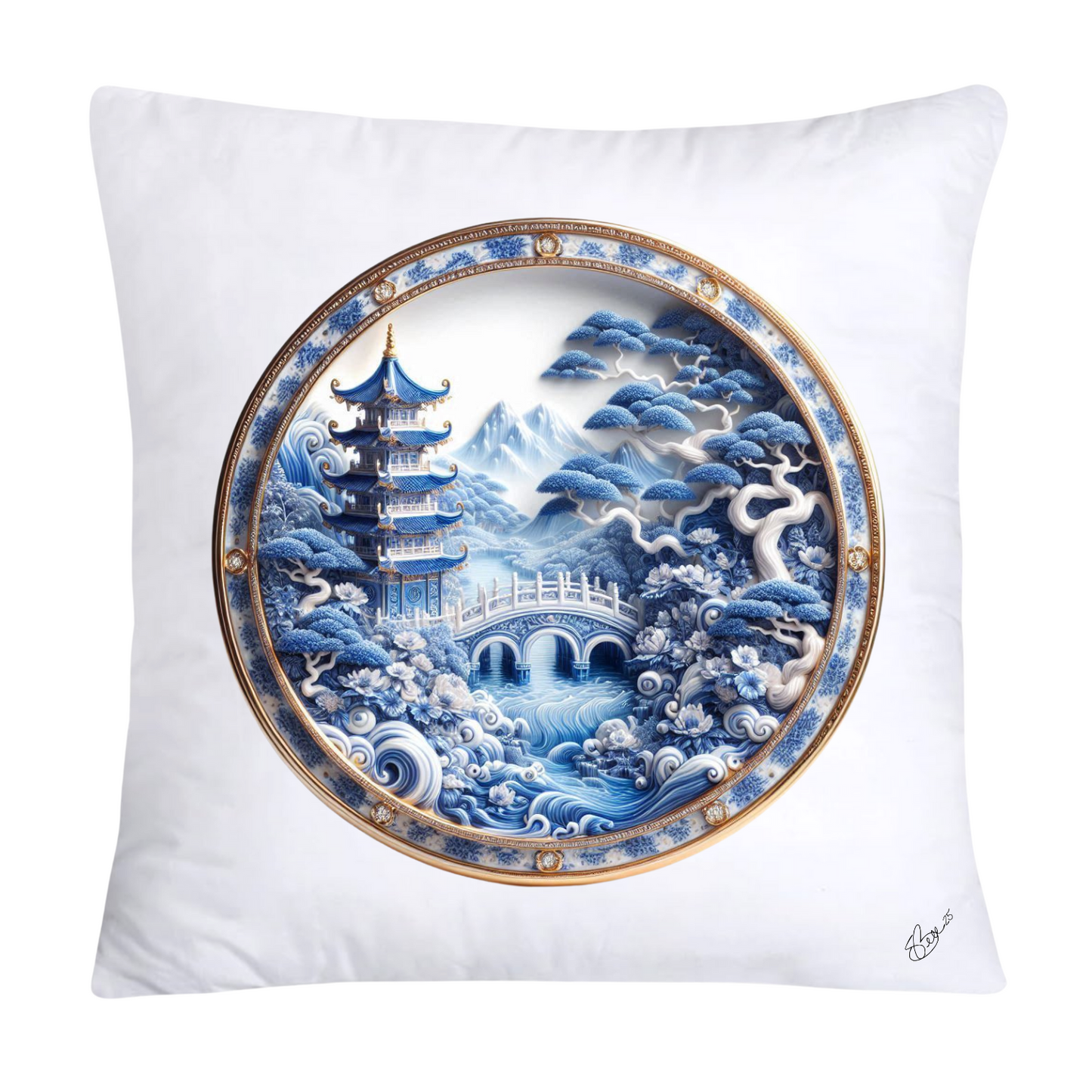 Blue Willow Chinoiserie Decorative Plate Pillow Covers-2482