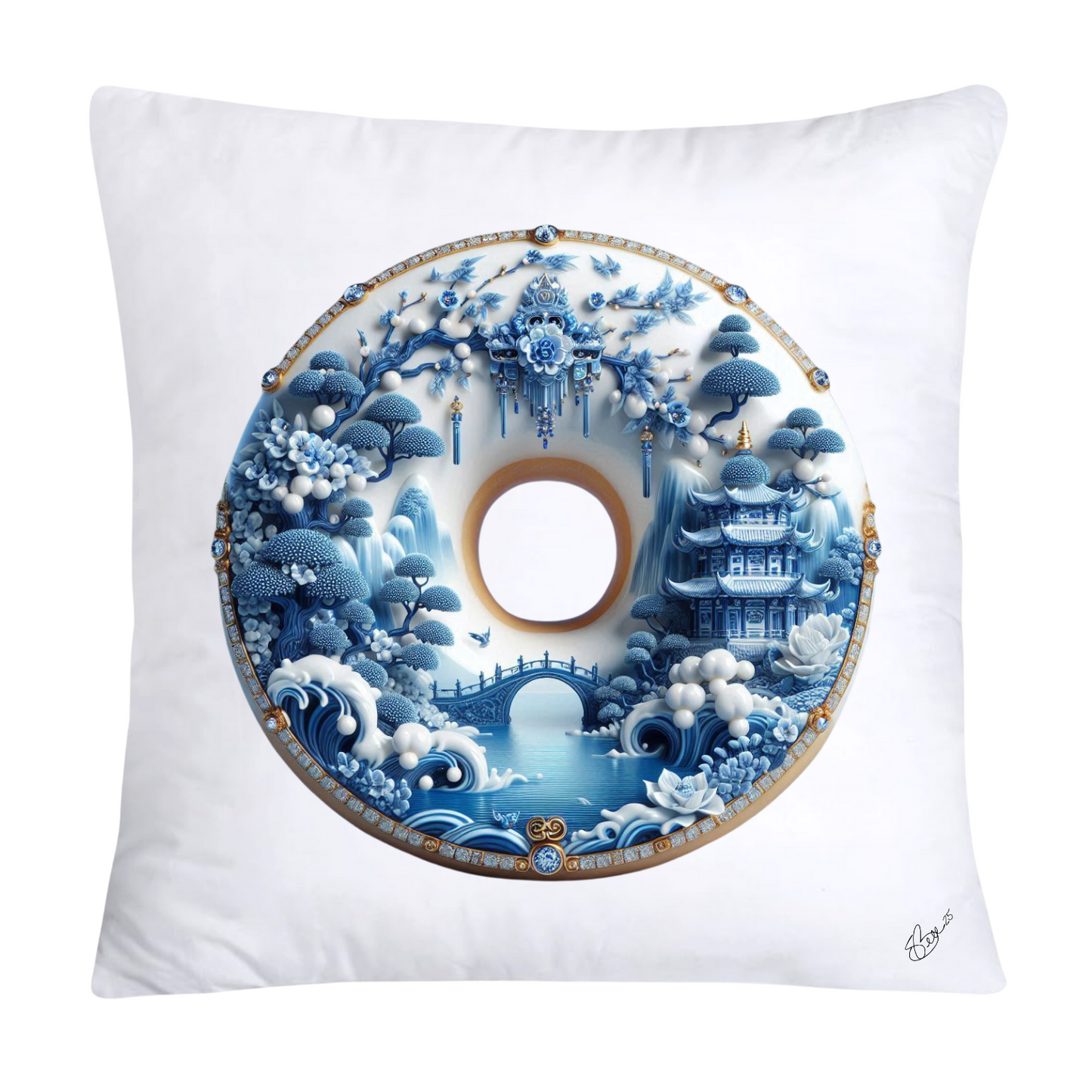 Whimsical Blue Willow Donut Throw Pillow Covers 18x18-1269