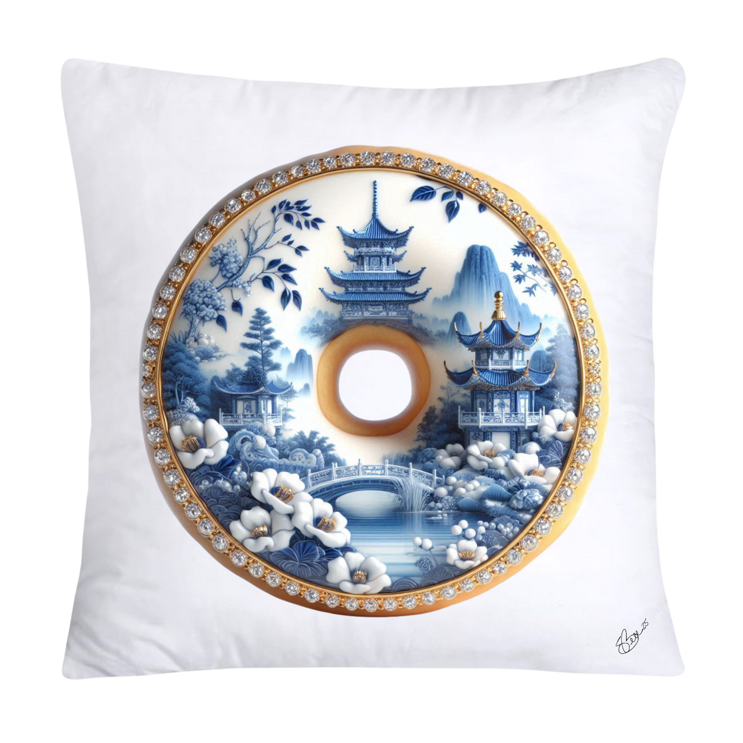 18x18 Blue Willow Whimsical Donut Throw Pillow Covers-1250