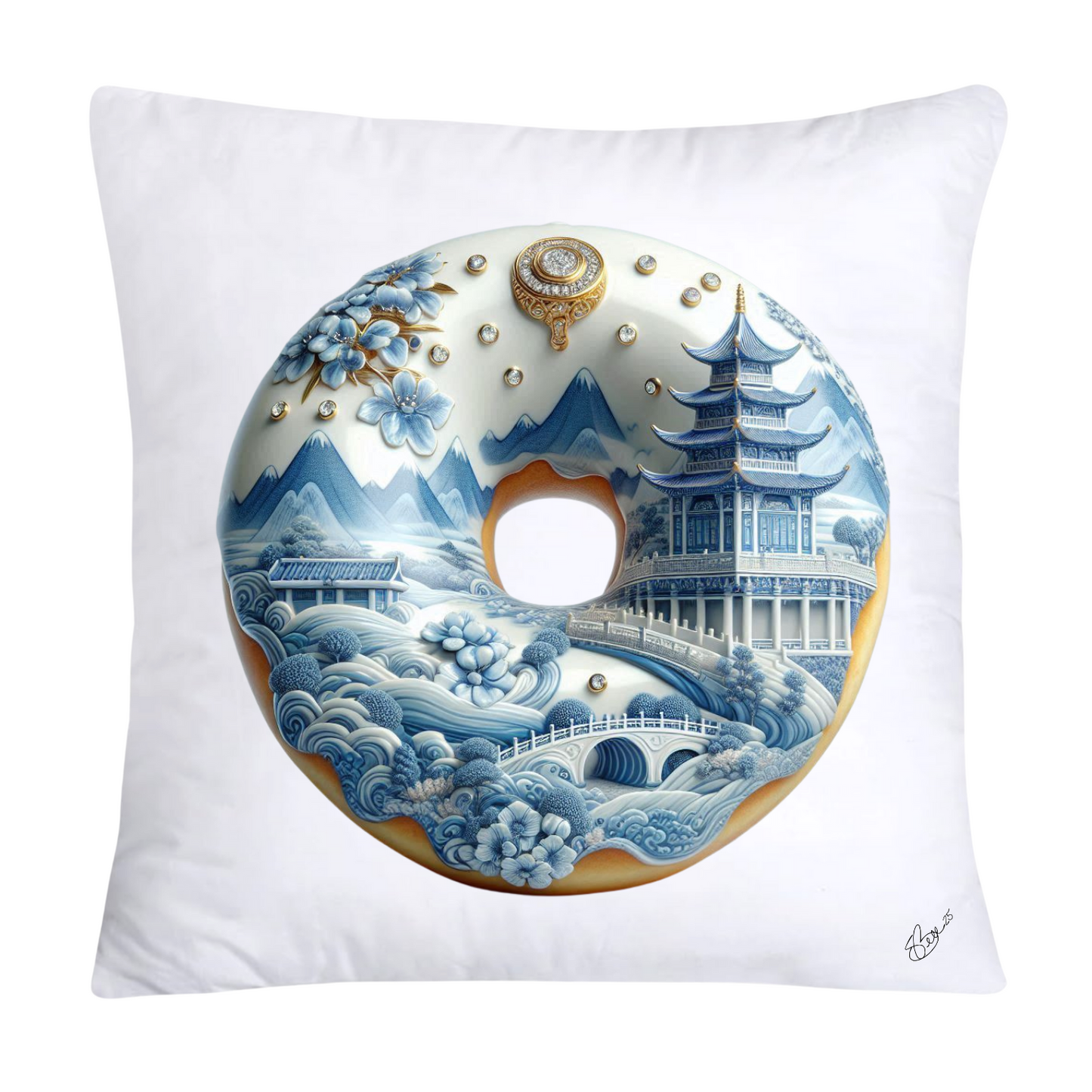 18x18 Blue Willow Whimsical Donut Throw Pillow Covers-1242