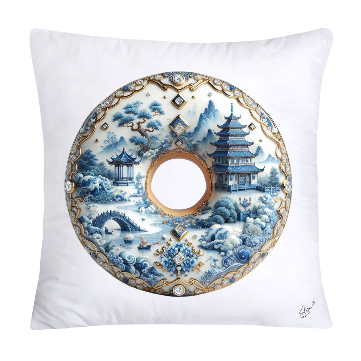 Whimsical Blue Willow Donut Throw Pillow Covers 18x18-1341