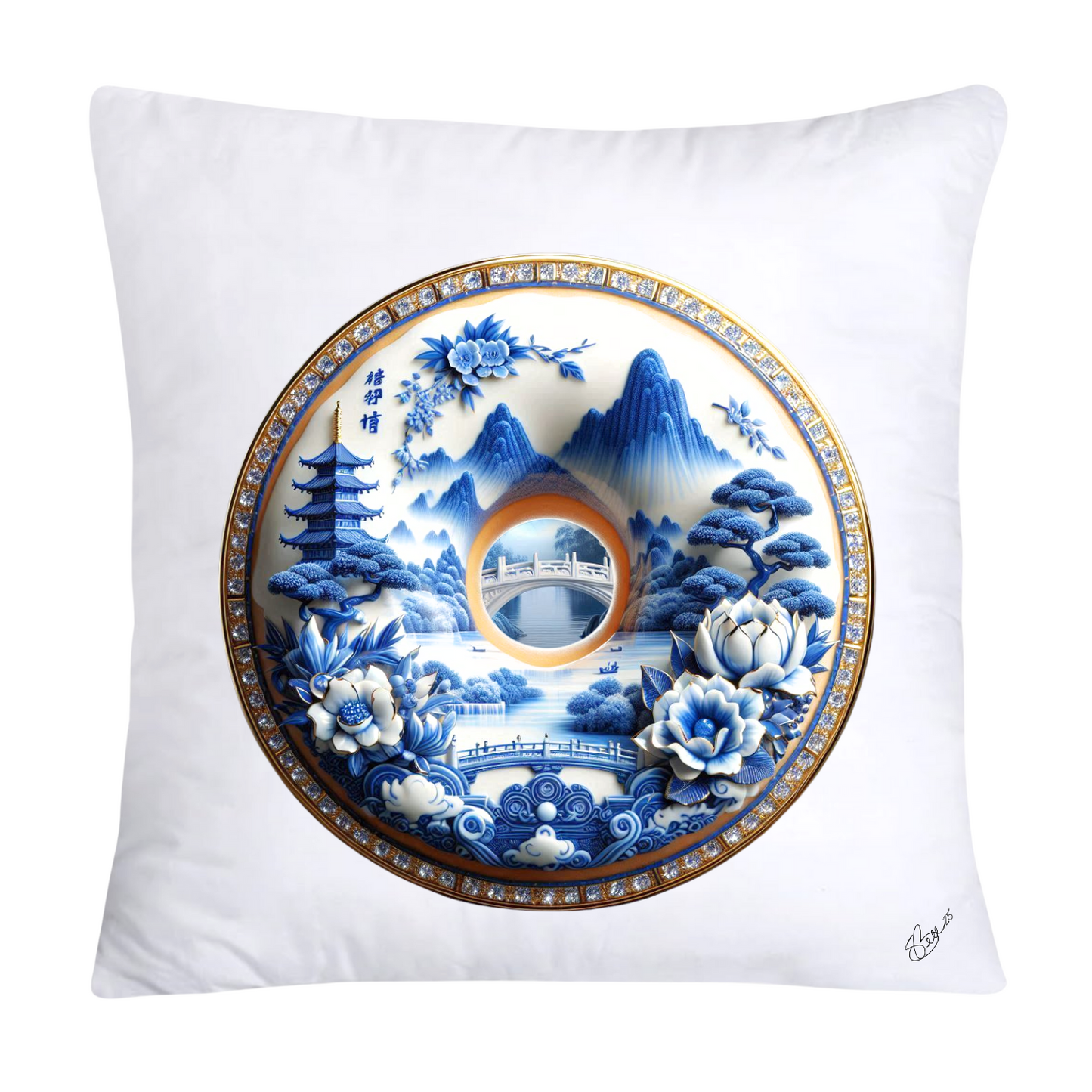 Whimsical Blue Willow Donut Throw Pillow Covers 18x18-1337