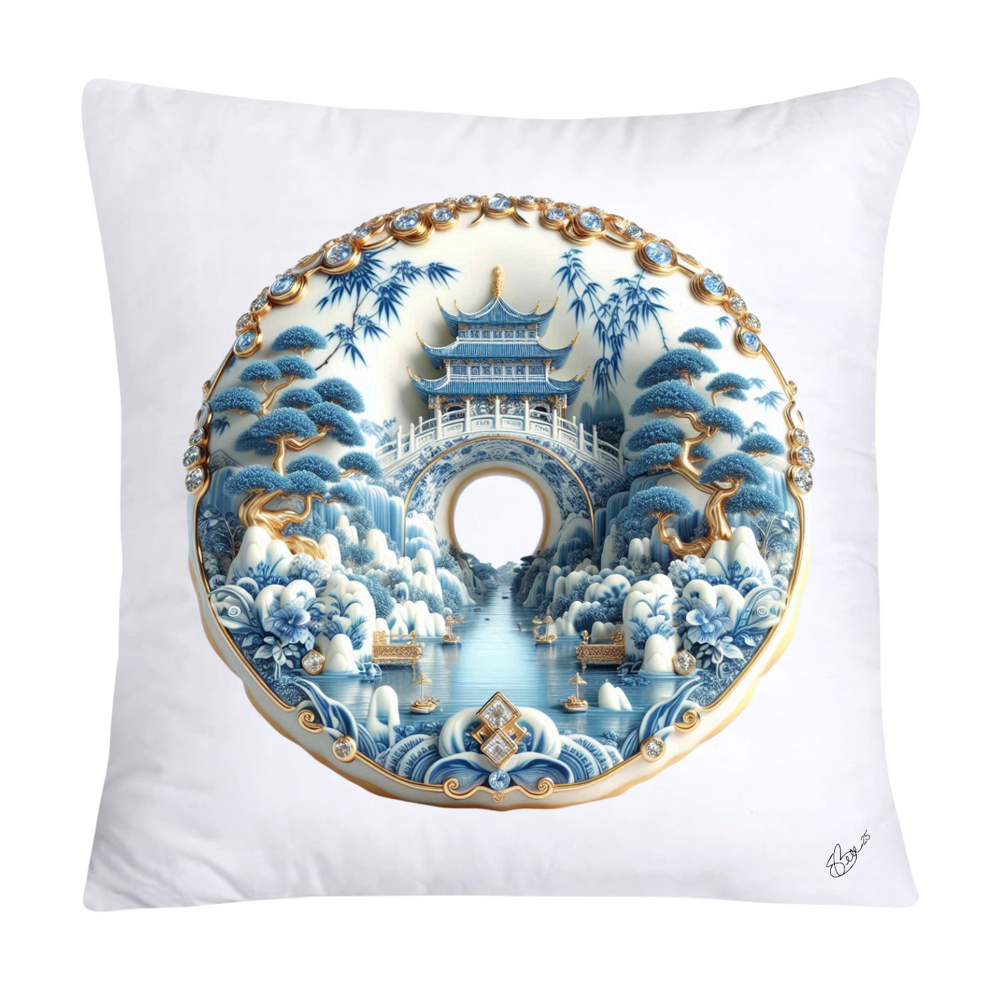 18x18 Blue Willow Whimsical Donut Throw Pillow Covers-1243