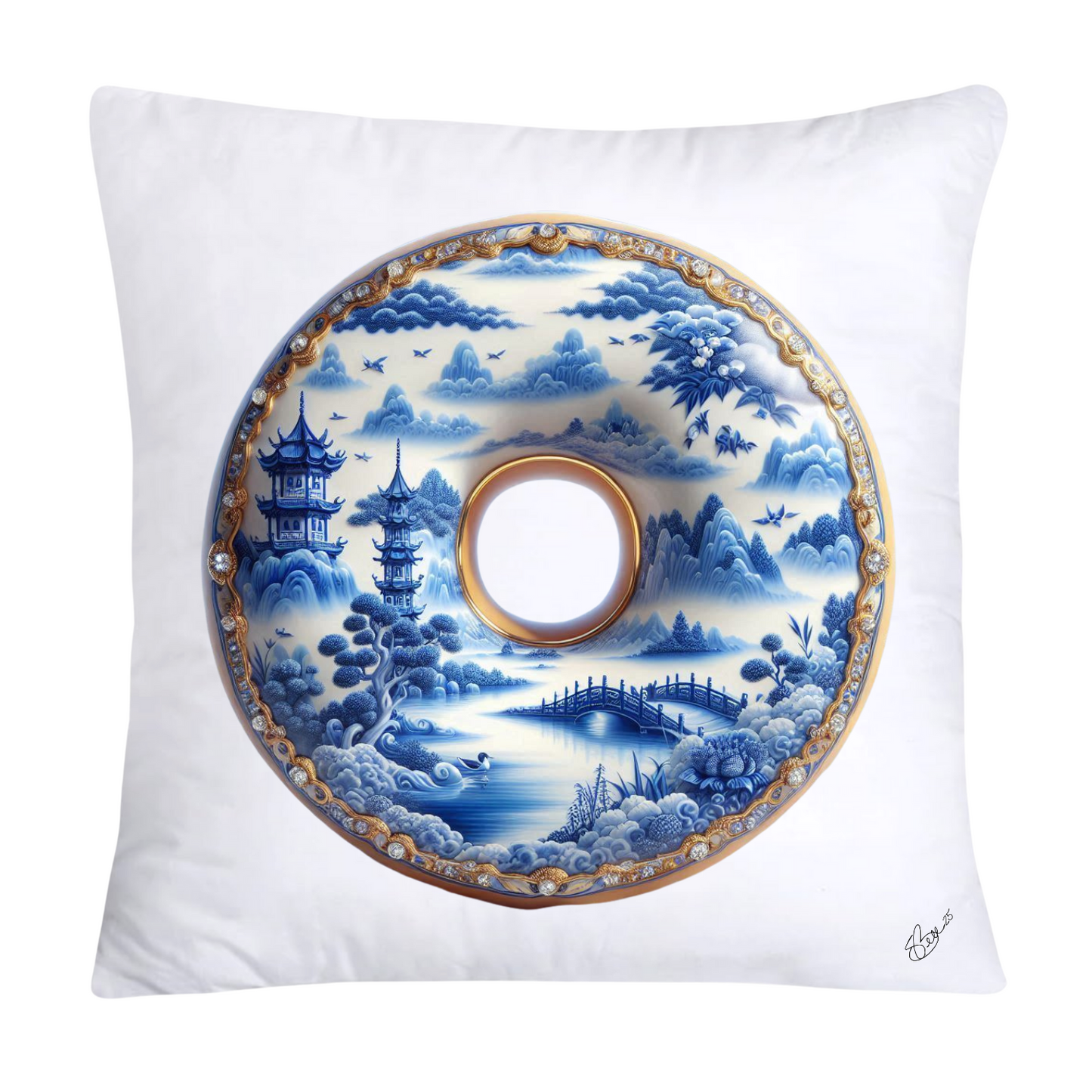 Whimsical Blue Willow Donut Throw Pillow Covers 18x18-1316