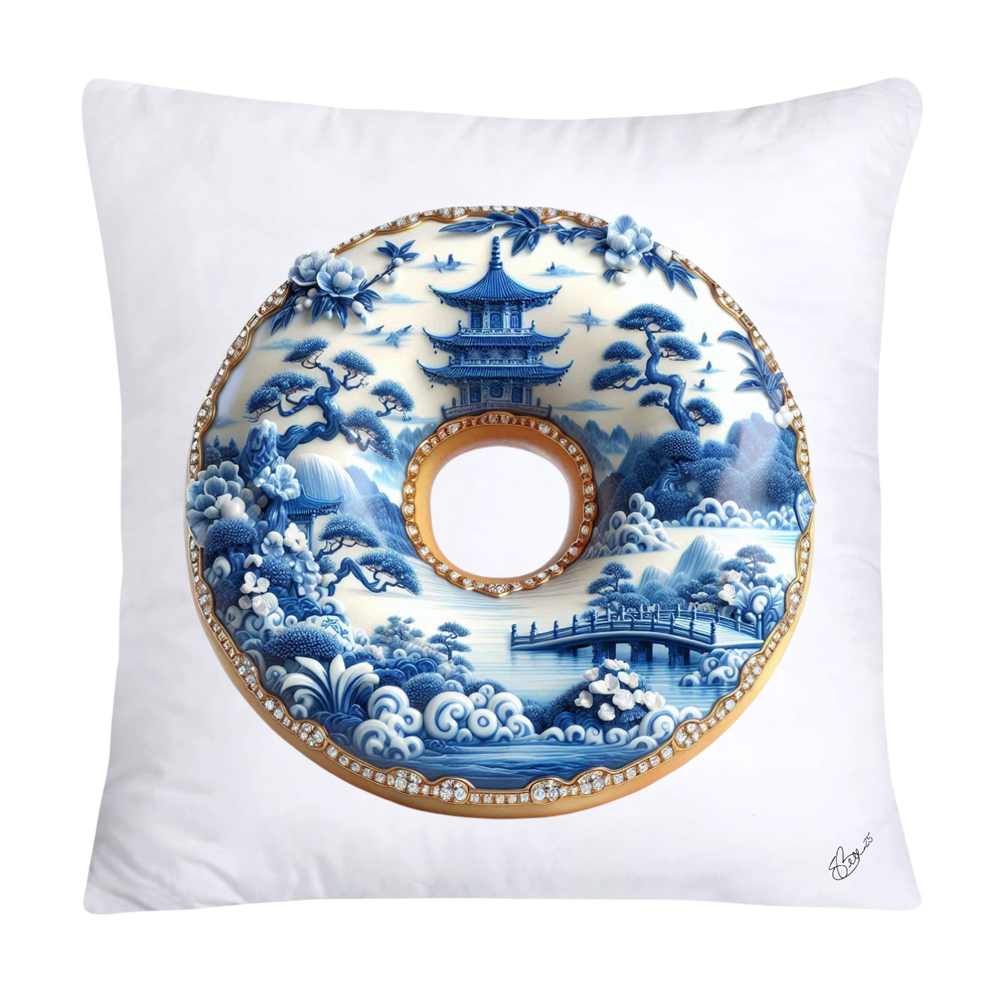 18x18 Blue Willow Whimsical Donut Throw Pillow Covers-1227