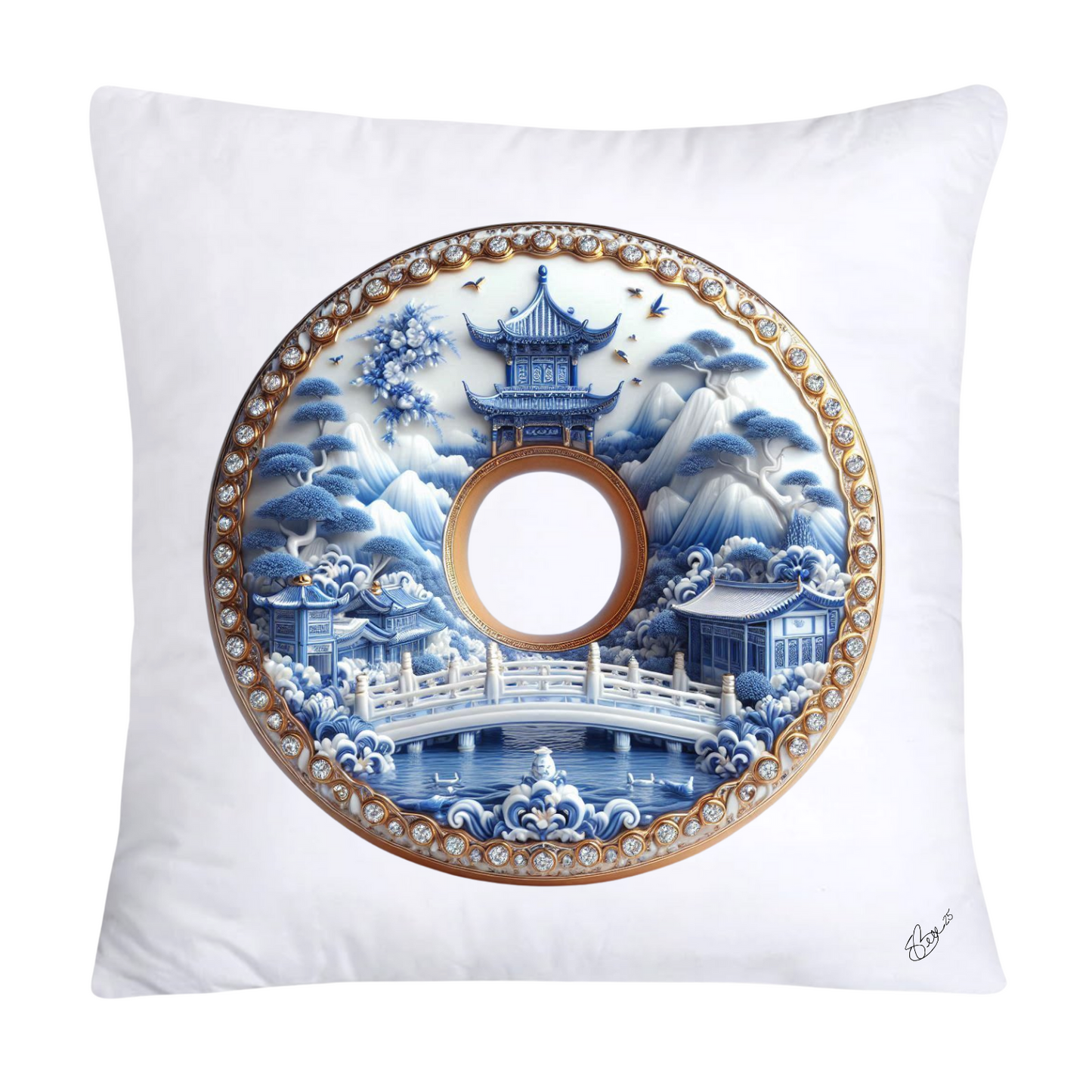 Whimsical Blue Willow Donut Throw Pillow Covers 18x18-1296