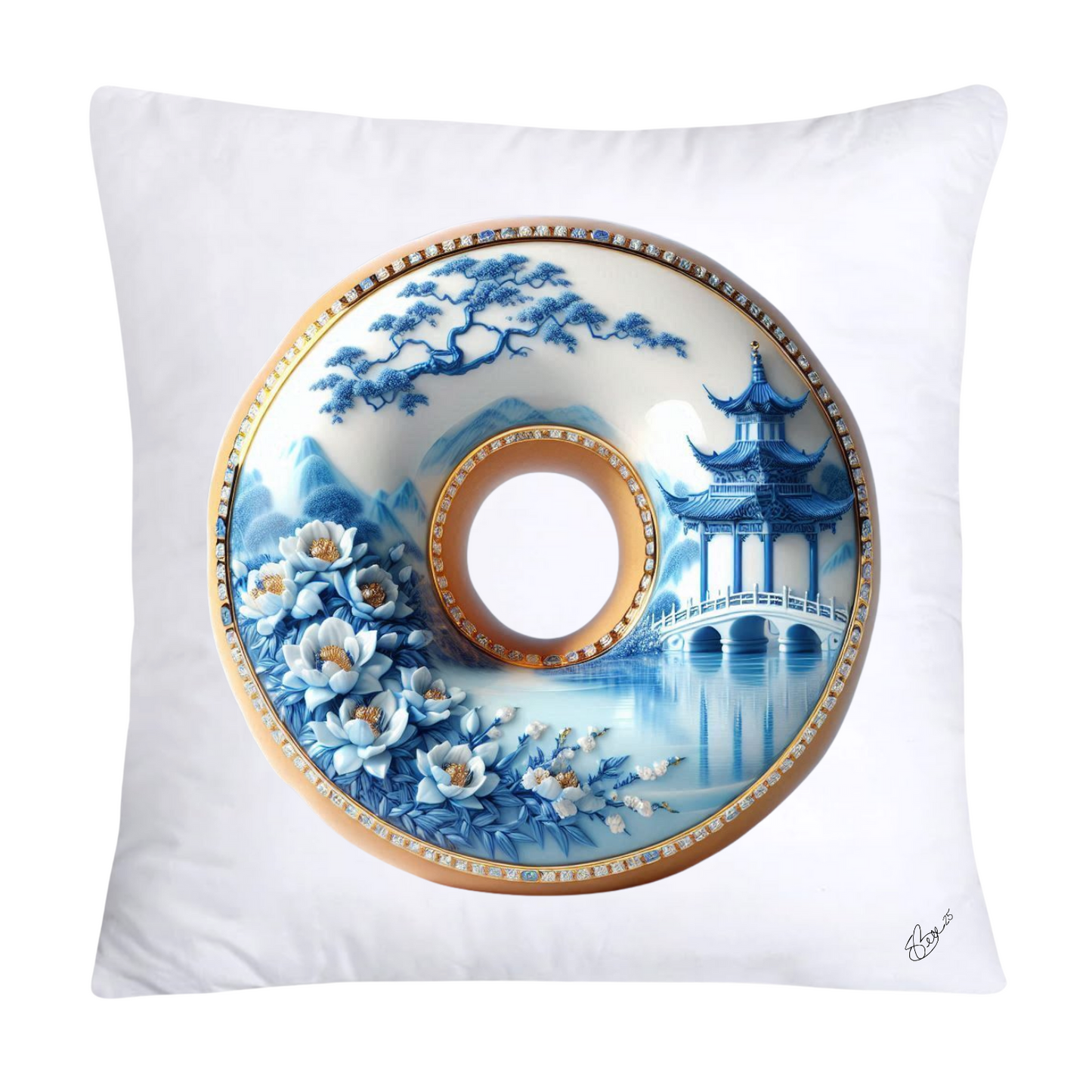 Whimsical Blue Willow Donut Throw Pillow Covers 18x18-1359