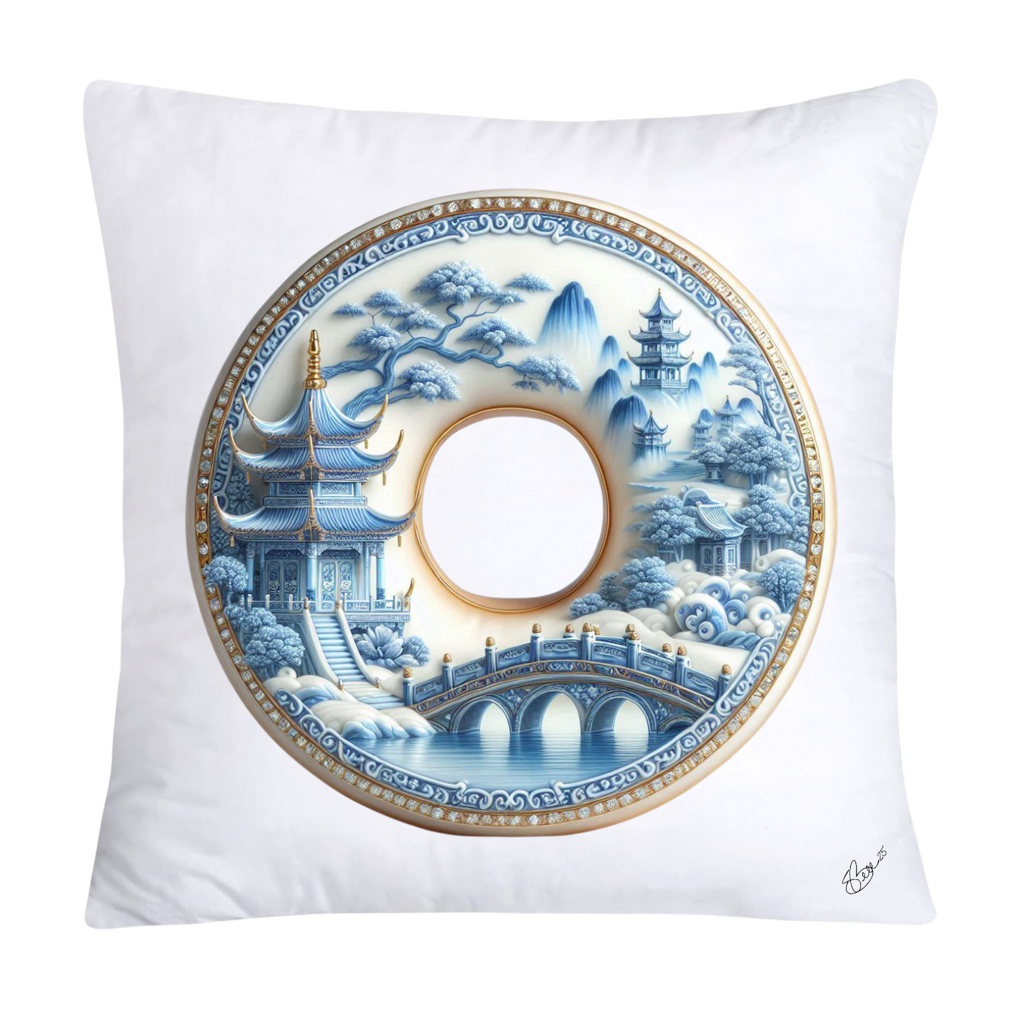 18x18 Blue Willow Whimsical Donut Throw Pillow Covers-1245