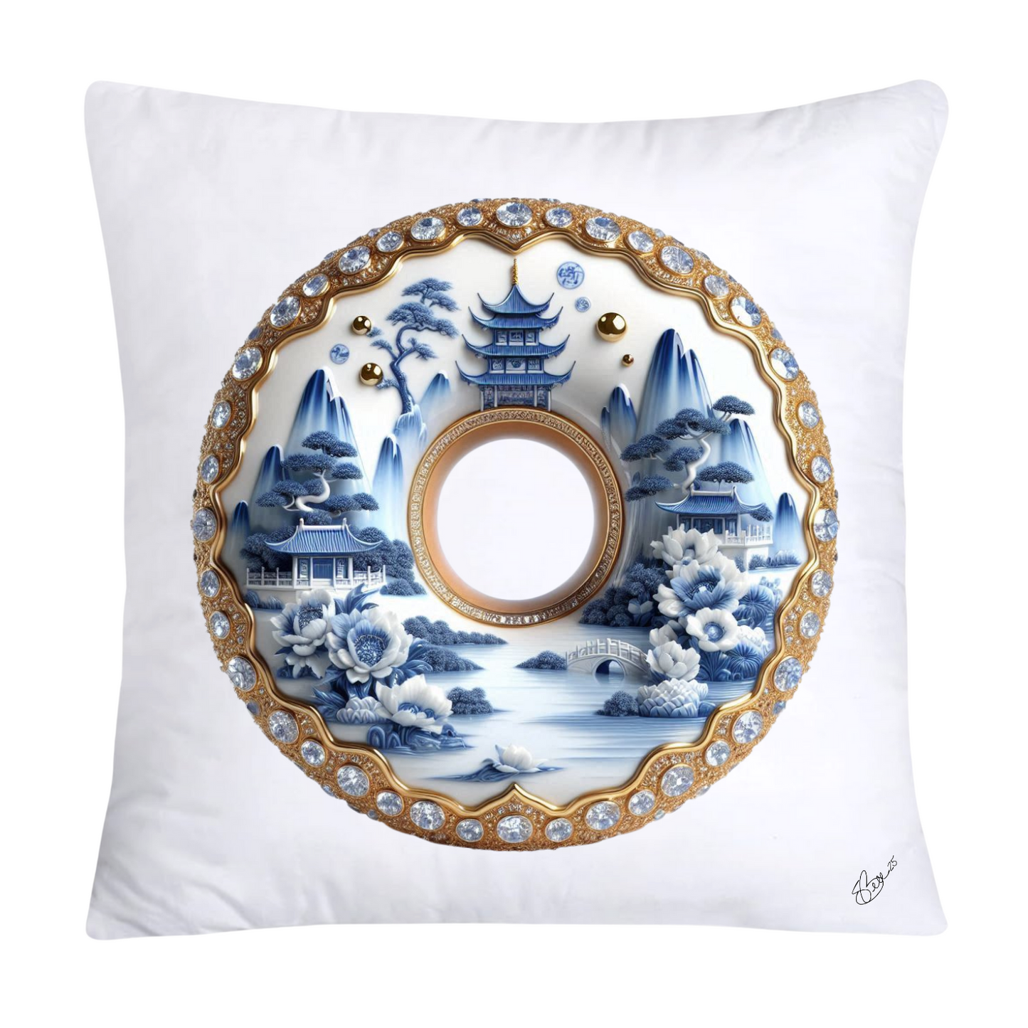 Whimsical Blue Willow Donut Throw Pillow Covers 18x18-1294