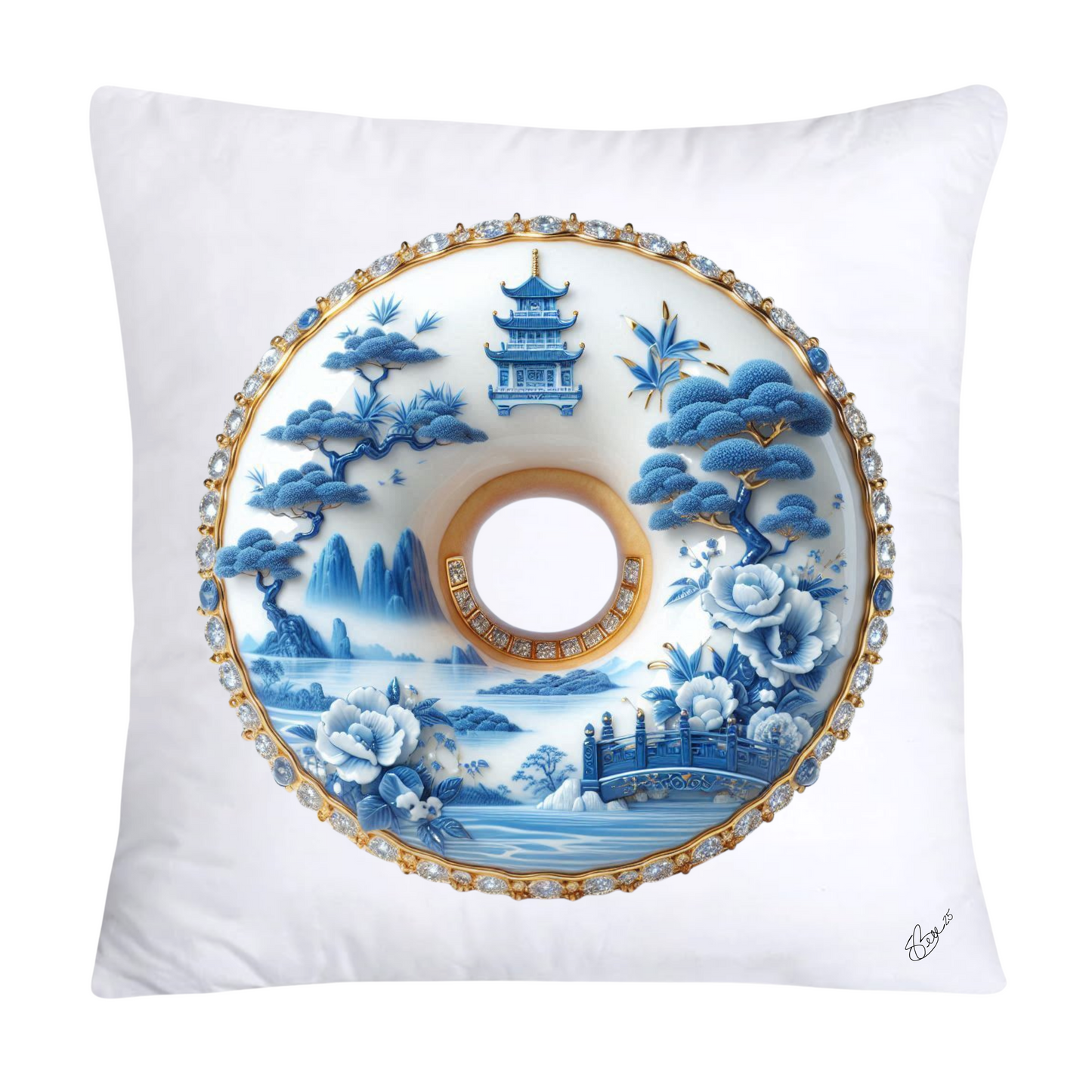 Whimsical Blue Willow Donut Throw Pillow Covers 18x18-1325