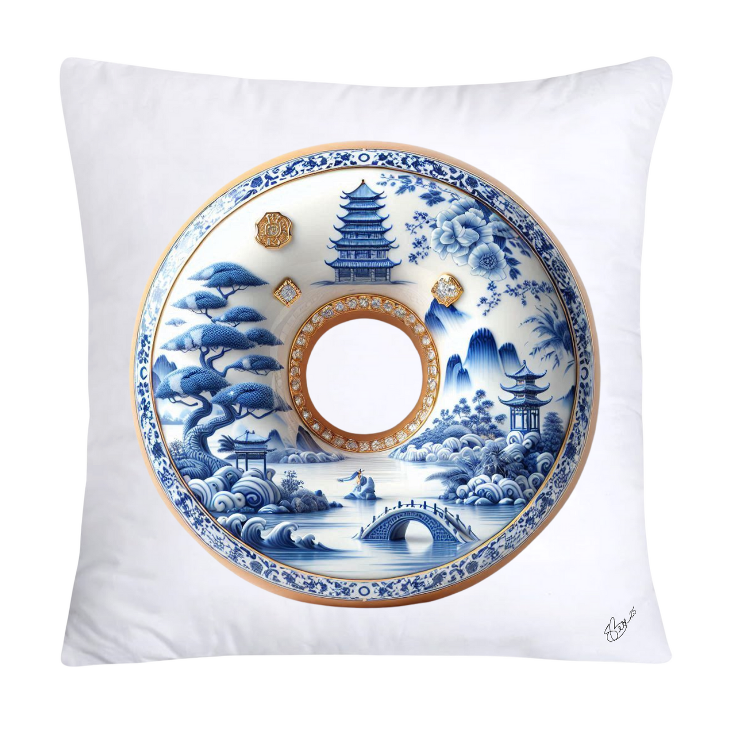 Whimsical Blue Willow Donut Throw Pillow Covers 18x18-1317
