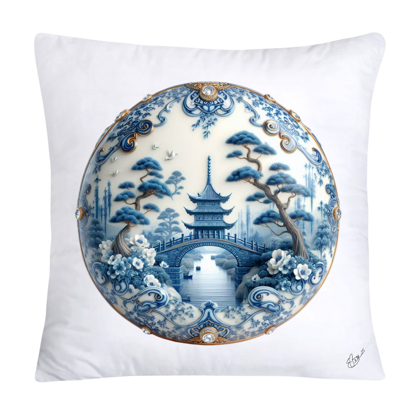 Blue Willow Chinoiserie Decorative Plate Pillow Covers-2485