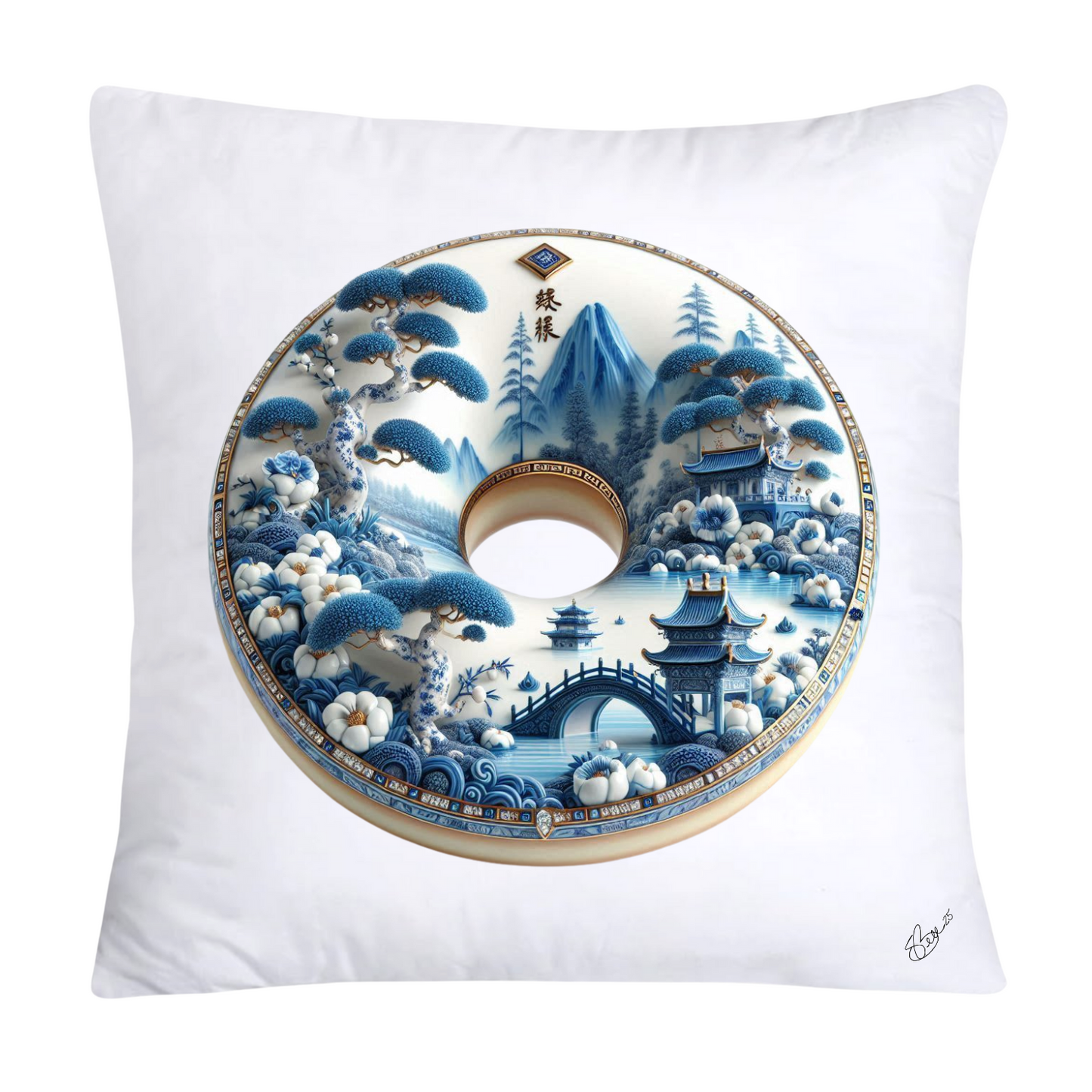 Whimsical Blue Willow Donut Throw Pillow Covers 18x18-1354