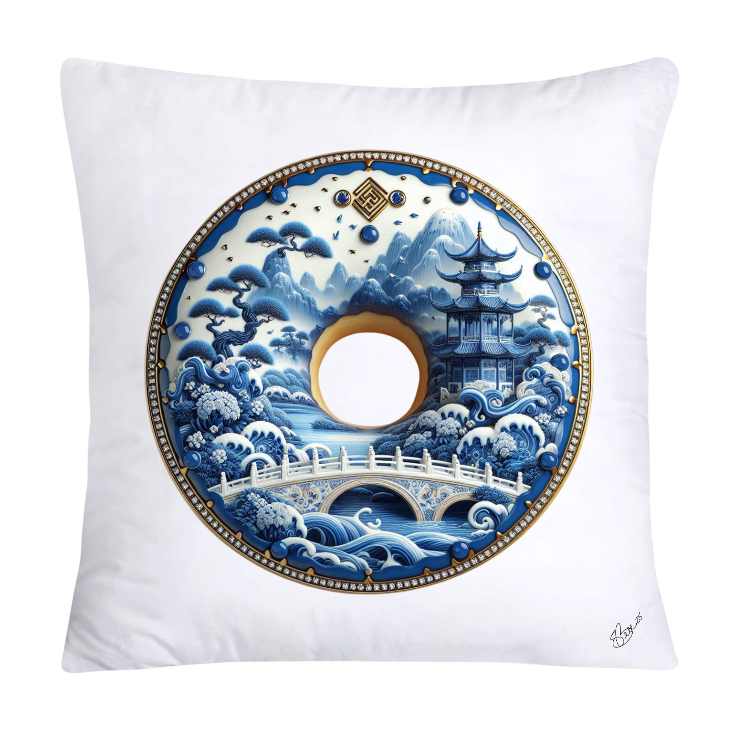 18x18 Blue Willow Whimsical Donut Throw Pillow Covers-1231