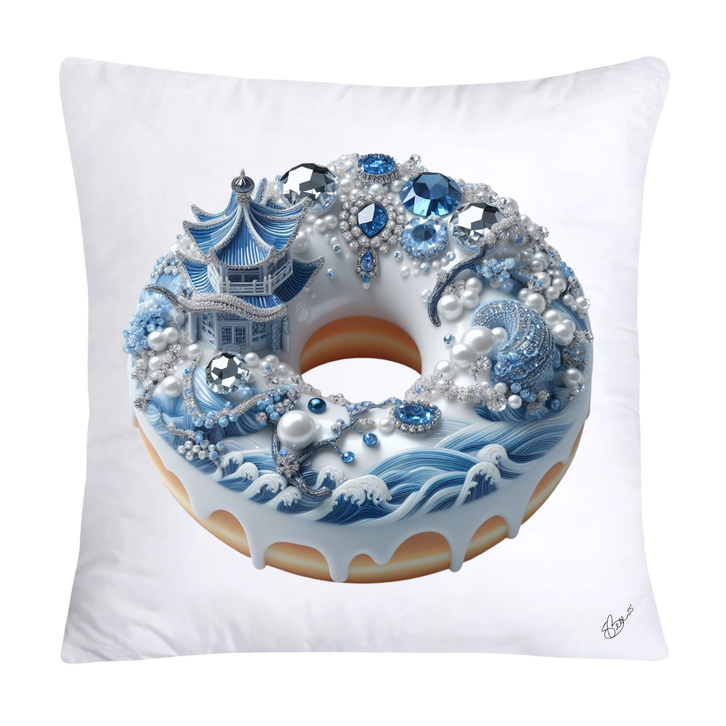 Whimsical Blue Willow Donut Throw Pillow Covers 18x18-1336