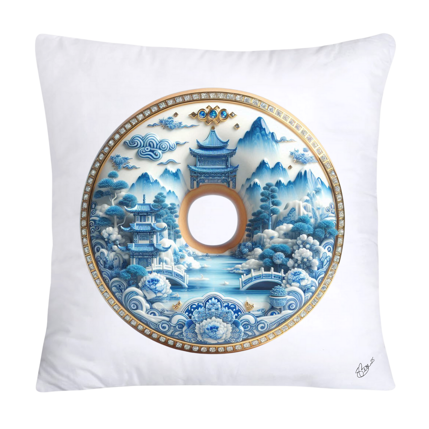 18x18 Blue Willow Whimsical Donut Throw Pillow Covers-1233